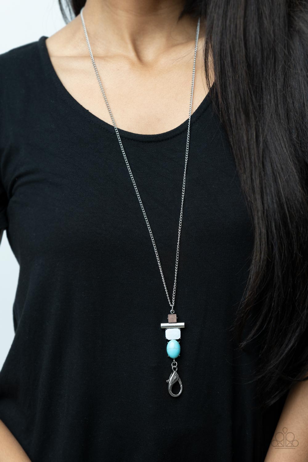 Natural Novice Turquoise Blue Stone and Wood Lanyard Necklace - Paparazzi Accessories- on model - CarasShop.com - Paparazzi Jewelry by Cara Jewels