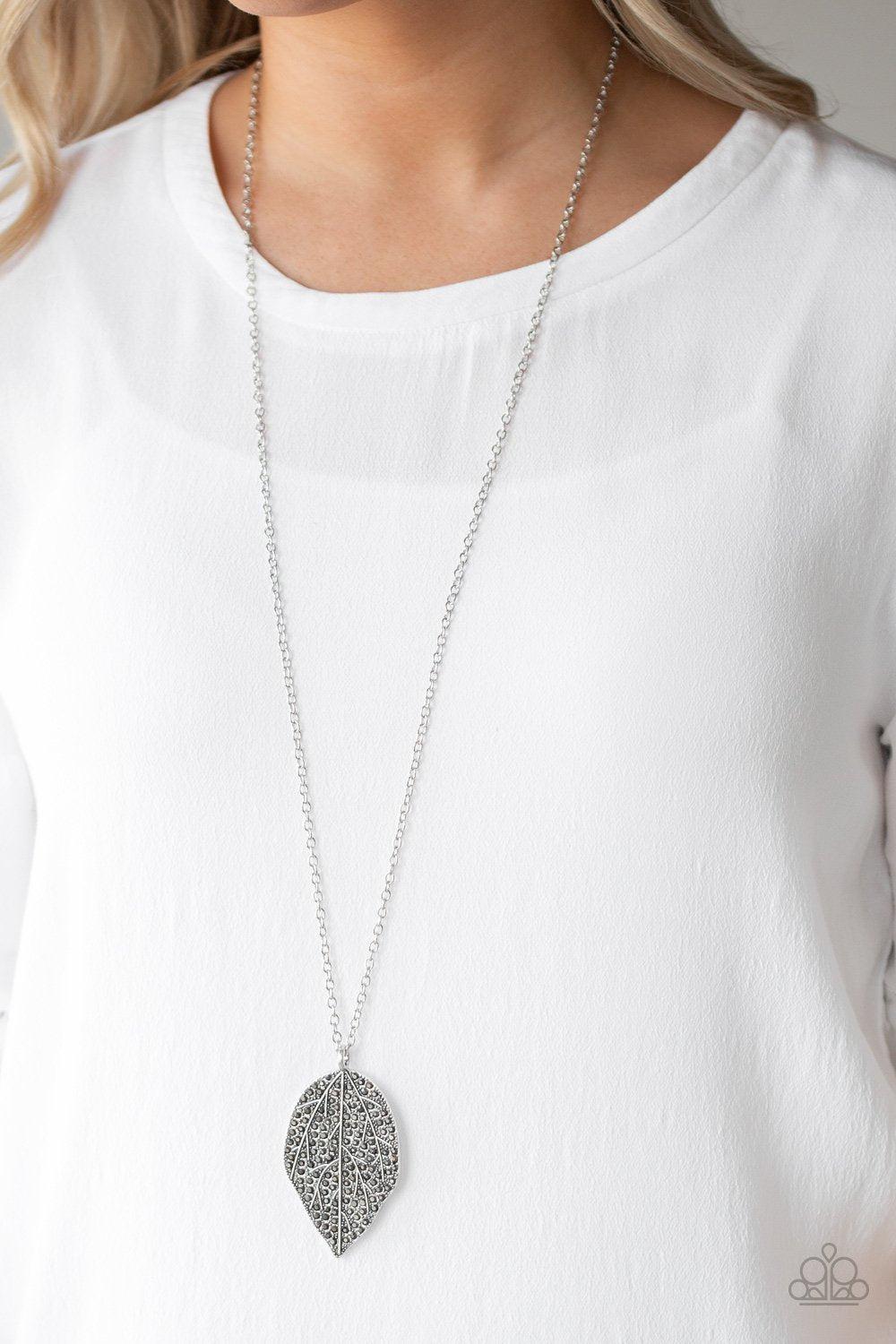 Natural Re-LEAF Silver Leaf Necklace - Paparazzi Accessories- on model - CarasShop.com - Paparazzi Jewelry by Cara Jewels