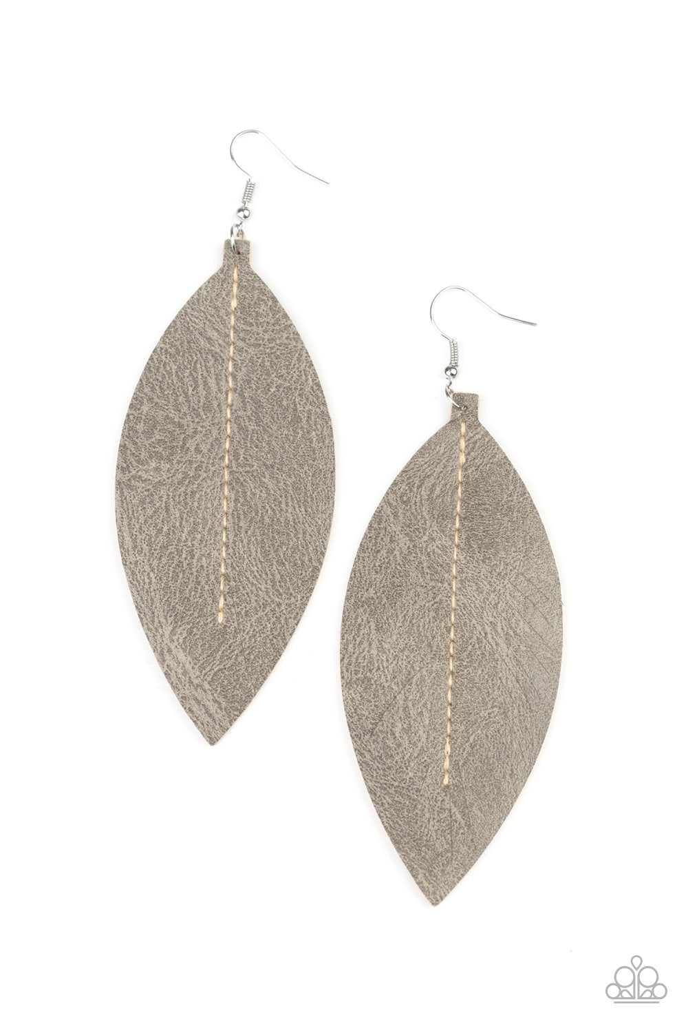 Naturally Beautiful Silver Leather Leaf Earrings - Paparazzi Accessories- on model - CarasShop.com - Paparazzi Jewelry by Cara Jewels