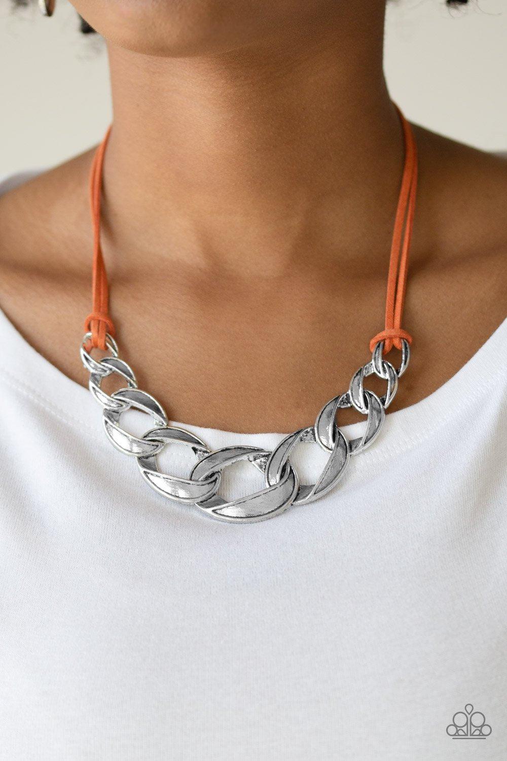 Naturally Nautical Orange Suede and Silver Chain Necklace - Paparazzi Accessories- lightbox - CarasShop.com - Paparazzi Jewelry by Cara Jewels