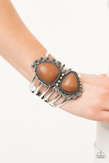 Nature Bound Silver and Brown Stone Hinged Bracelet - Paparazzi Accessories- lightbox - CarasShop.com - Paparazzi Jewelry by Cara Jewels