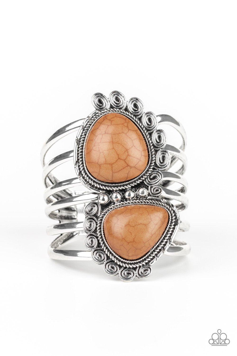 Nature Bound Silver and Brown Stone Hinged Bracelet - Paparazzi Accessories- on model - CarasShop.com - Paparazzi Jewelry by Cara Jewels