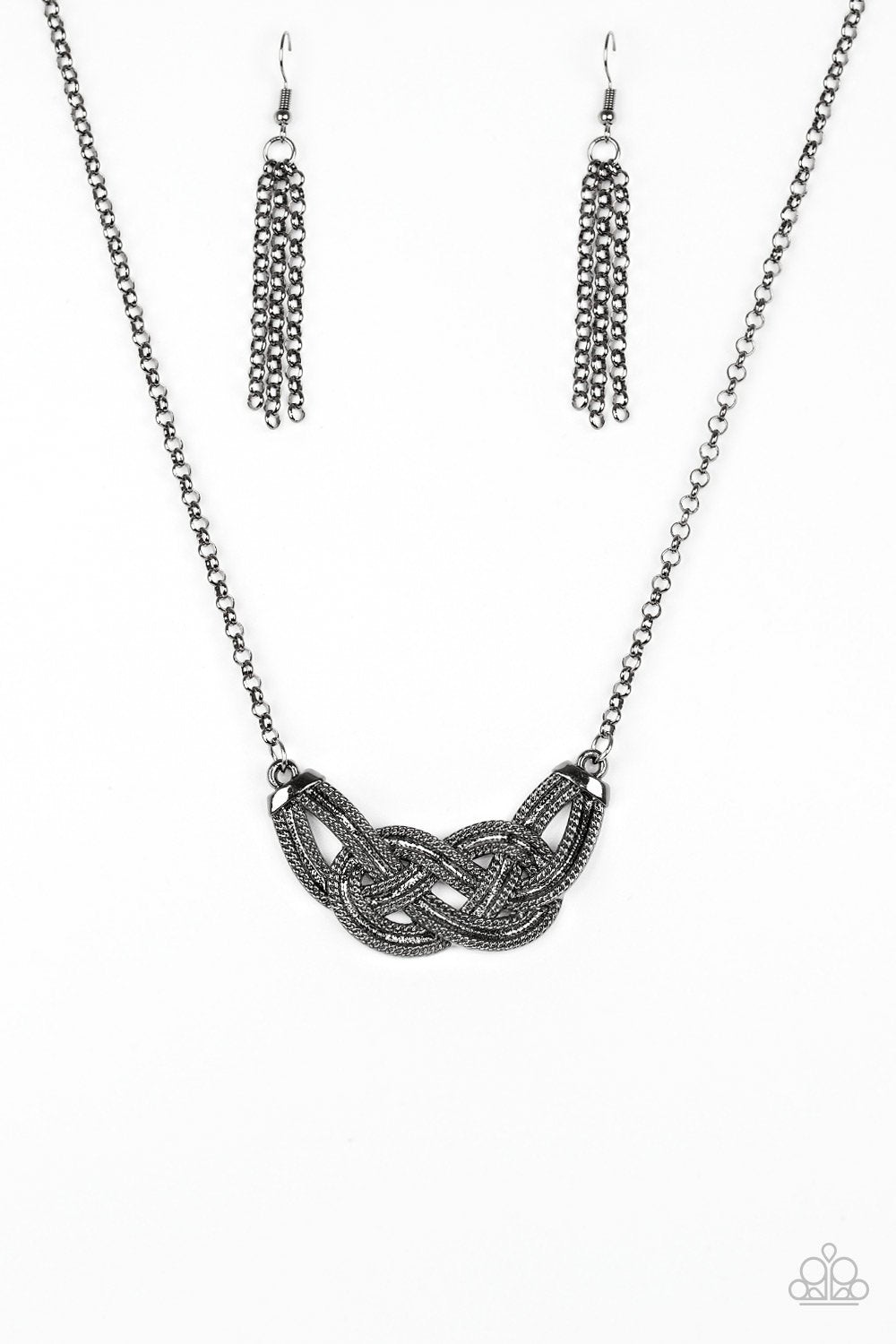 Nautically Naples Black Gunmetal Necklace and matching Earrings - Paparazzi Accessories- on model - CarasShop.com - Paparazzi Jewelry by Cara Jewels