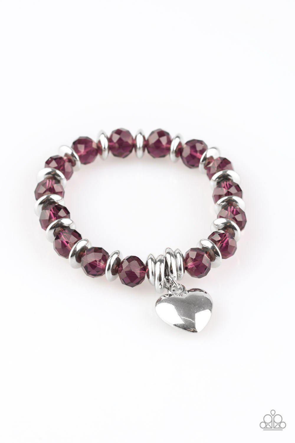 Need I Say AMOUR? Purple Heart Stretch Bracelet - Paparazzi Accessories- on model - CarasShop.com - Paparazzi Jewelry by Cara Jewels