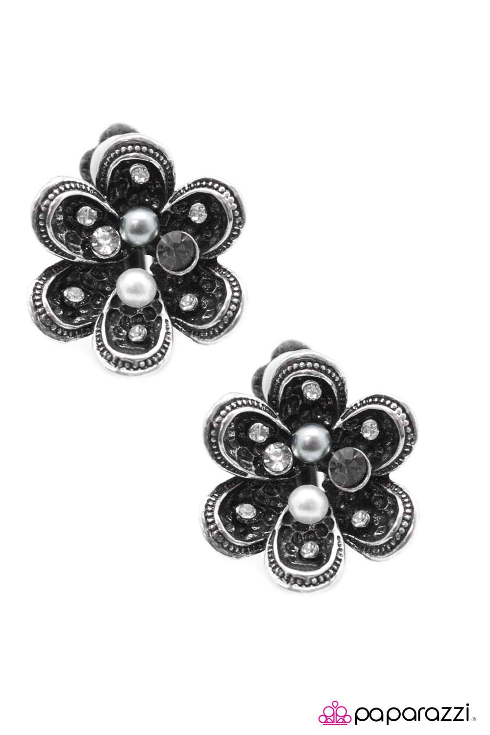 Never Let Me Go White Pearl and Rhinestone Flower Clip-on Earrings - Paparazzi Accessories- lightbox - CarasShop.com - Paparazzi Jewelry by Cara Jewels