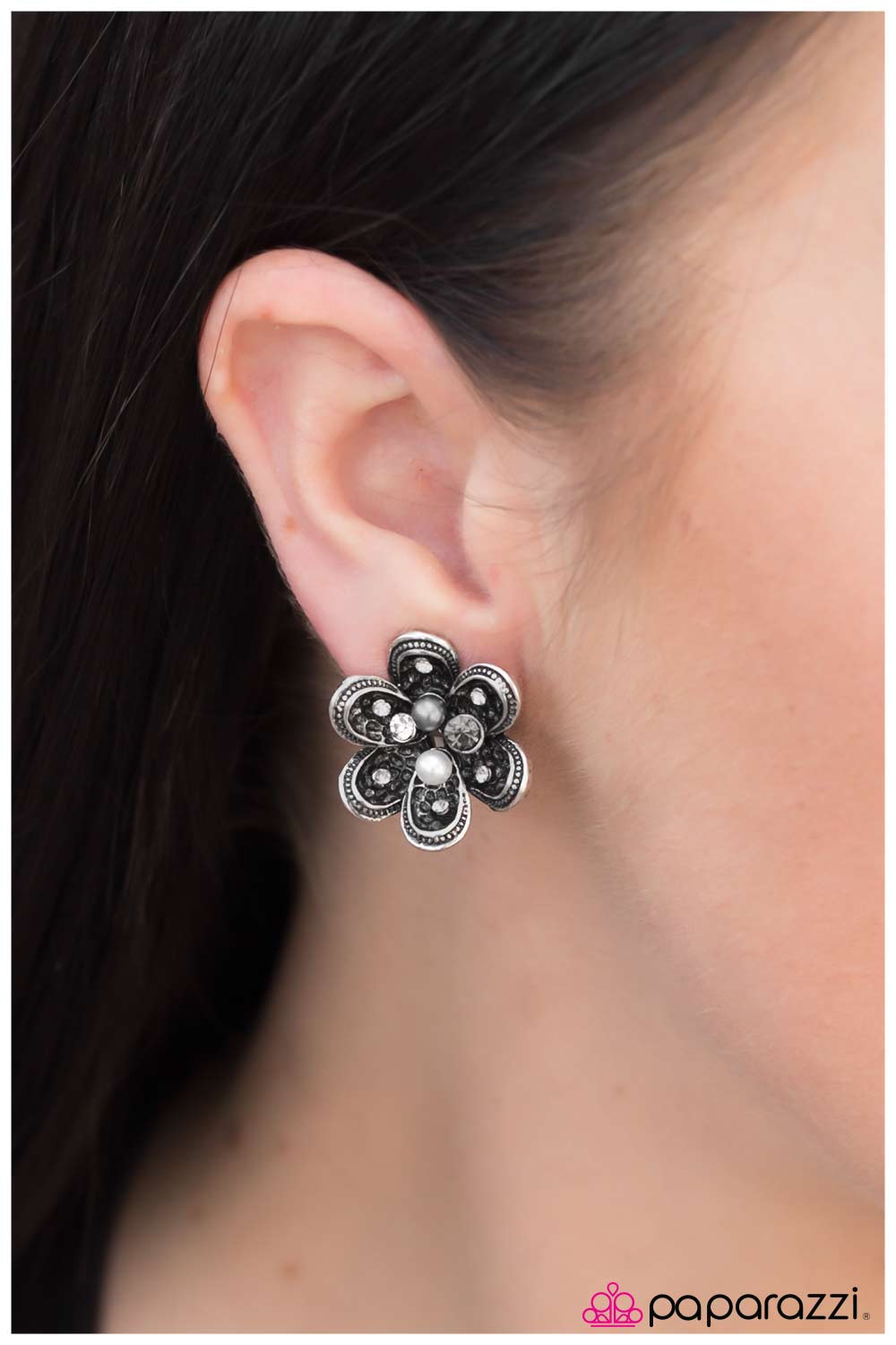 Never Let Me Go White Pearl and Rhinestone Flower Clip-on Earrings - Paparazzi Accessories- on model - CarasShop.com - Paparazzi Jewelry by Cara Jewels