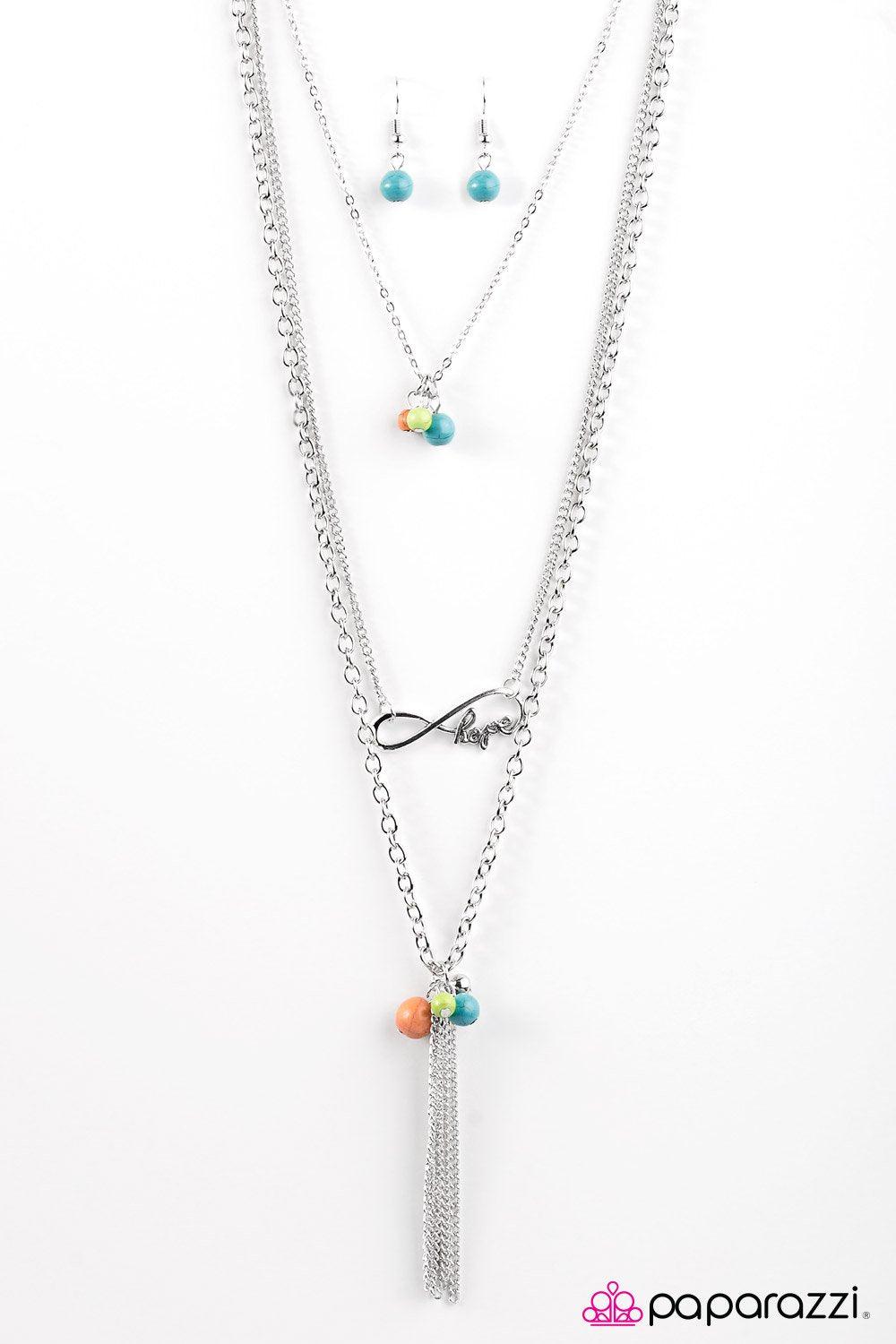 Never Lose Hope Multi Blue and Orange Stone Inspirational Necklace - Paparazzi Accessories- on model - CarasShop.com - Paparazzi Jewelry by Cara Jewels