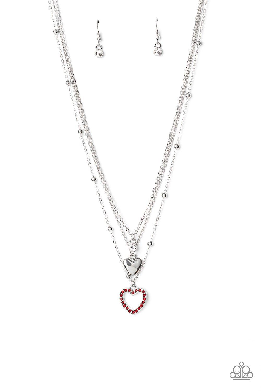 Never Miss a Beat Red Rhinestone and Silver Heart Necklace - Paparazzi Accessories- lightbox - CarasShop.com - Paparazzi Jewelry by Cara Jewels