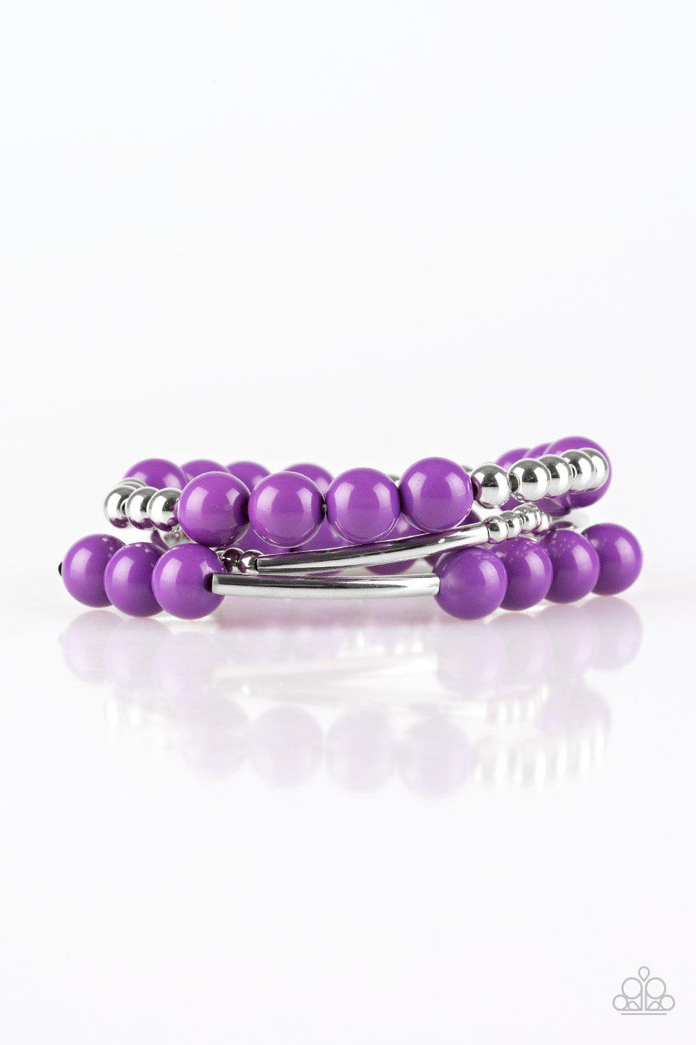 New Adventures Purple and Silver Stretch Bracelet Set - Paparazzi Accessories- on model - CarasShop.com - Paparazzi Jewelry by Cara Jewels