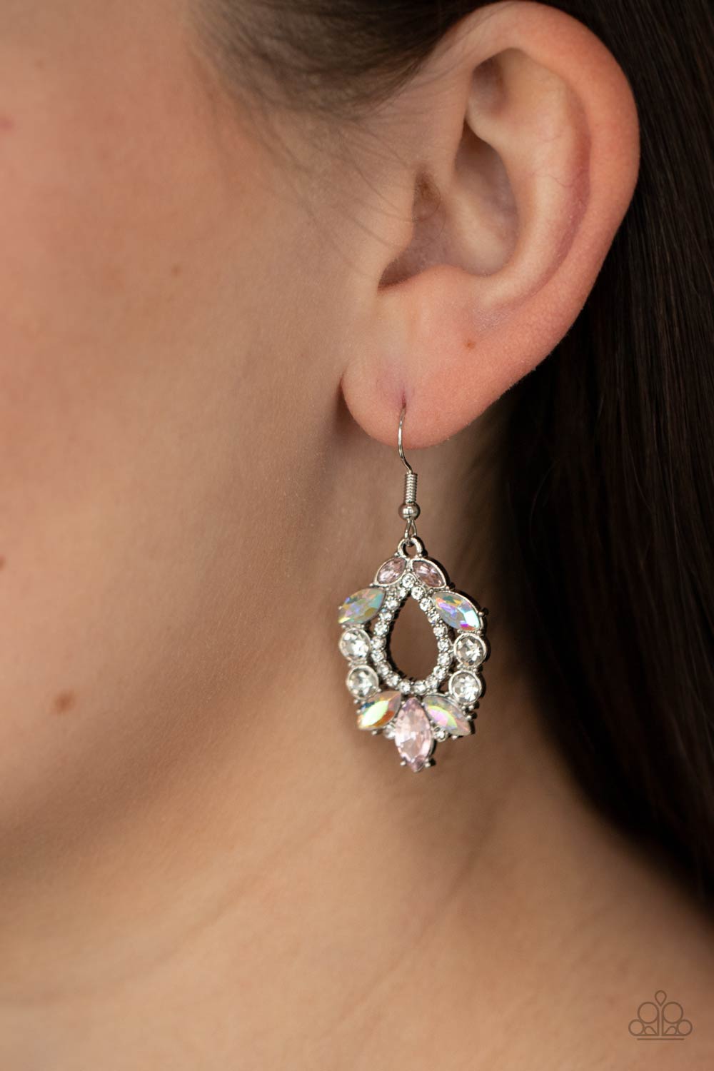 New Age Noble Multi Iridescent Pink and White Rhinestone Earrings - Paparazzi Accessories- on model - CarasShop.com - Paparazzi Jewelry by Cara Jewels