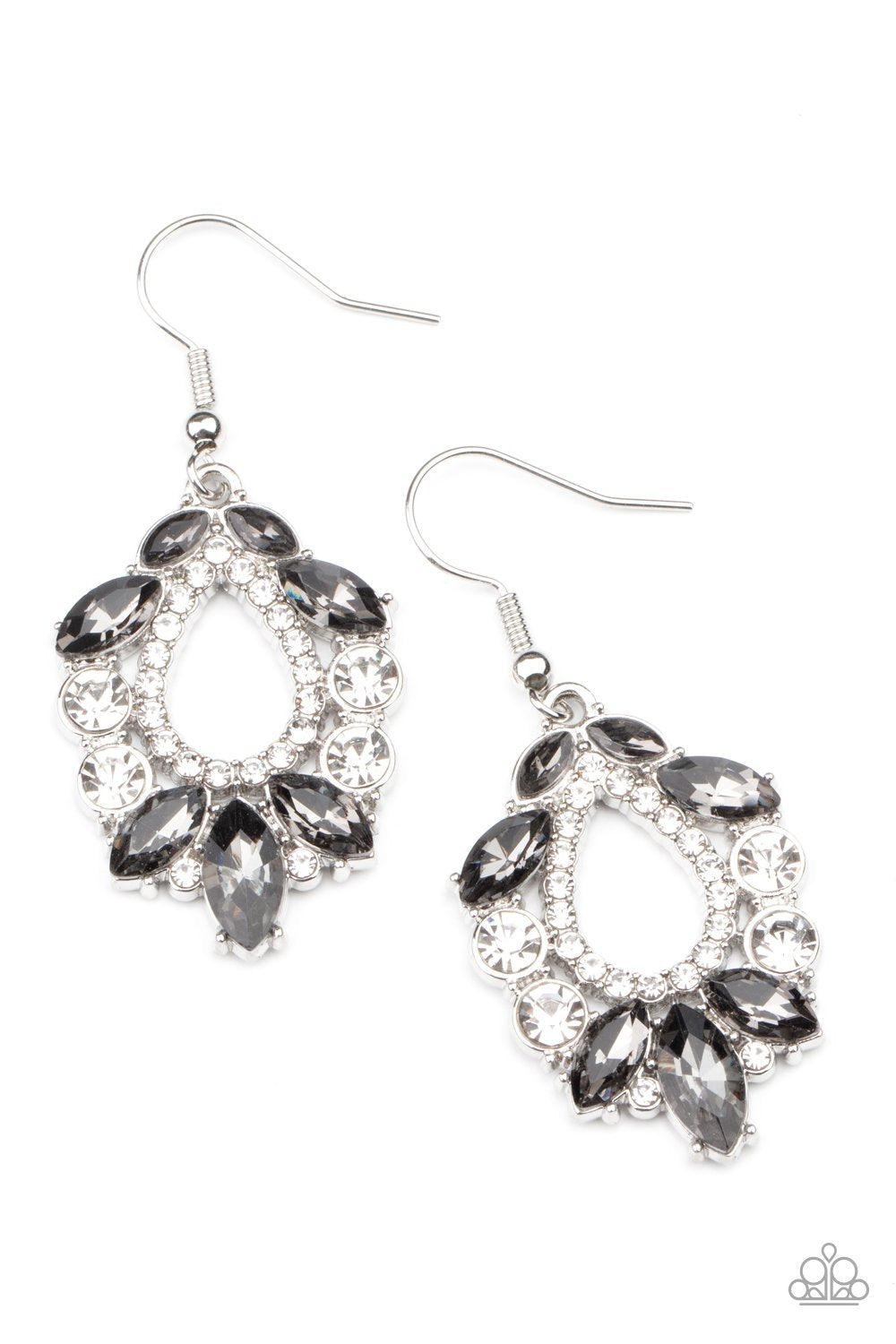 New Age Noble Silver Smoky and White Rhinestone Earrings - Paparazzi Accessories- on model - CarasShop.com - Paparazzi Jewelry by Cara Jewels