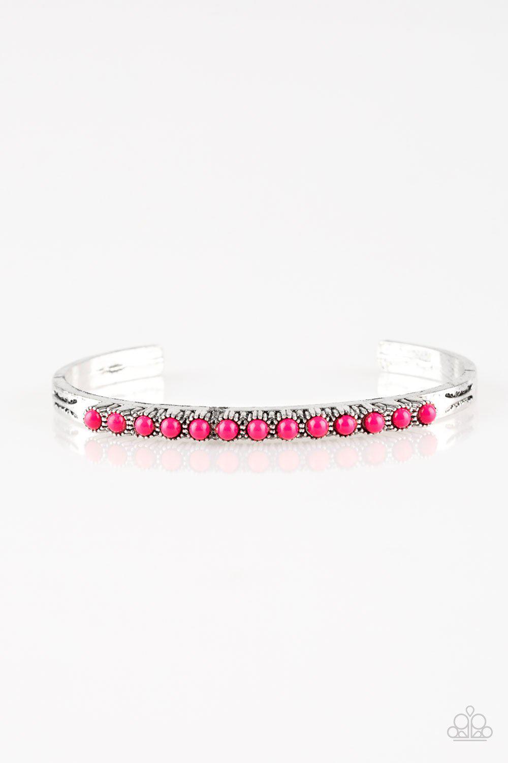 New Age Traveler Pink Cuff Bracelet - Paparazzi Accessories- on model - CarasShop.com - Paparazzi Jewelry by Cara Jewels
