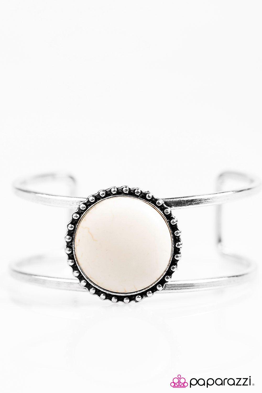 New Horizons White Stone and Silver Cuff Bracelet - Paparazzi Accessories- lightbox - CarasShop.com - Paparazzi Jewelry by Cara Jewels