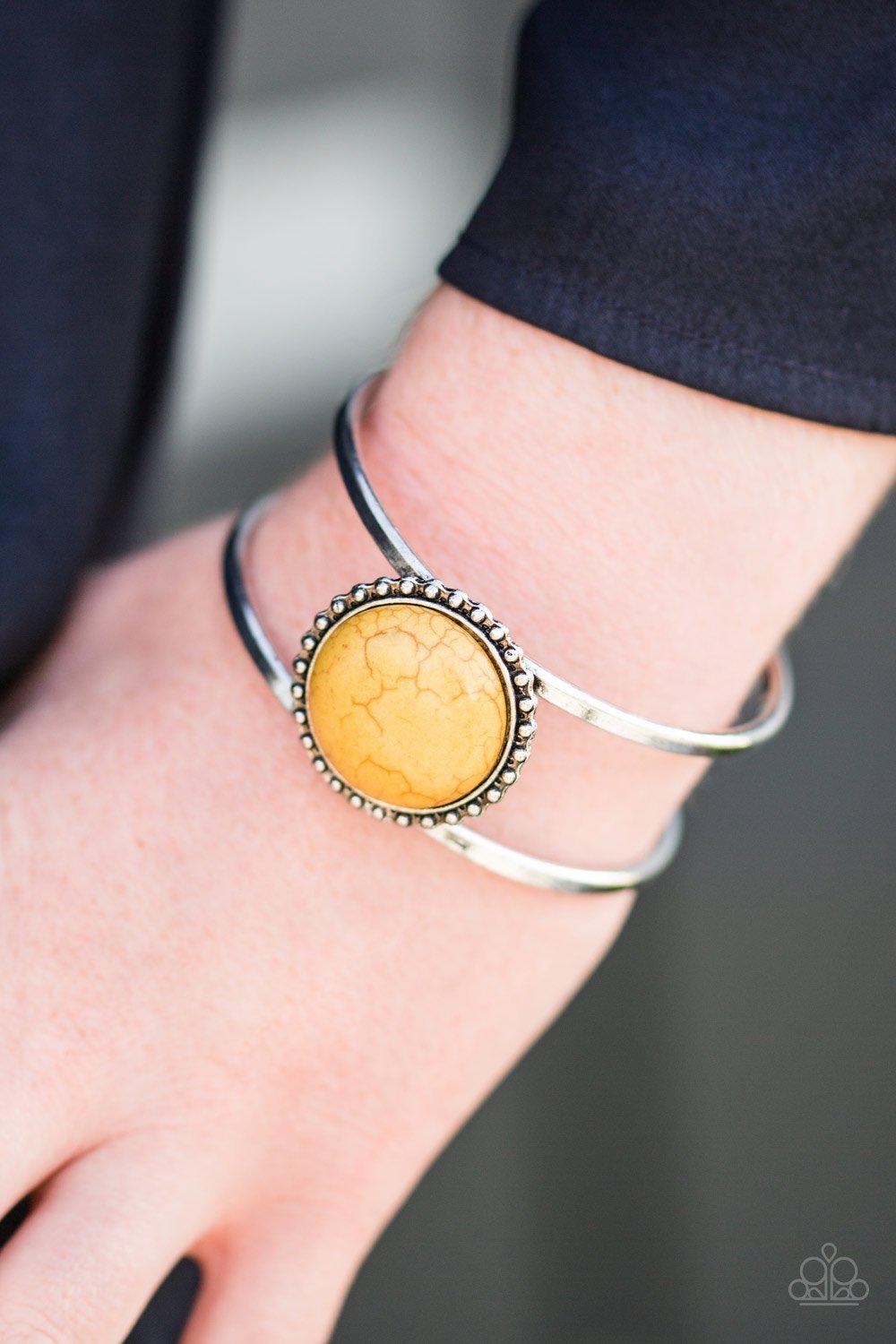 New Horizons Yellow Stone and Silver Cuff Bracelet - Paparazzi Accessories- lightbox - CarasShop.com - Paparazzi Jewelry by Cara Jewels