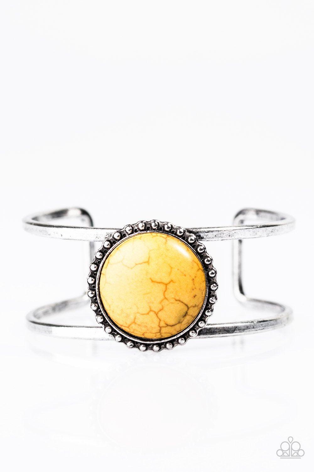 New Horizons Yellow Stone and Silver Cuff Bracelet - Paparazzi Accessories- on model - CarasShop.com - Paparazzi Jewelry by Cara Jewels