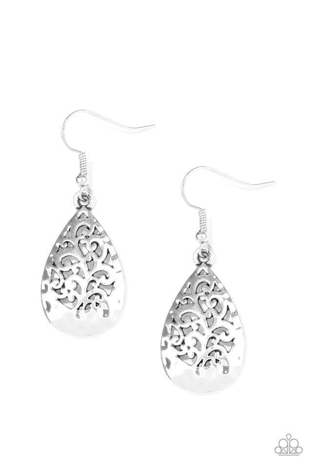 New Nouveau Silver Filigree Teardrop Earrings - Paparazzi Accessories- on model - CarasShop.com - Paparazzi Jewelry by Cara Jewels