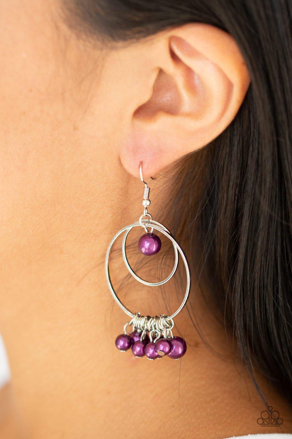 New York Attraction Purple Pearl Earrings - Paparazzi Accessories- on model - CarasShop.com - Paparazzi Jewelry by Cara Jewels