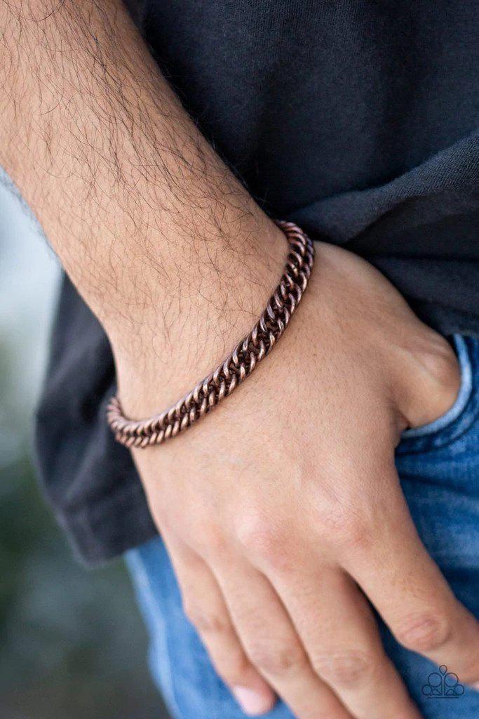 Next Man Up Copper Bracelet - Paparazzi Accessories- on model - CarasShop.com - Paparazzi Jewelry by Cara Jewels