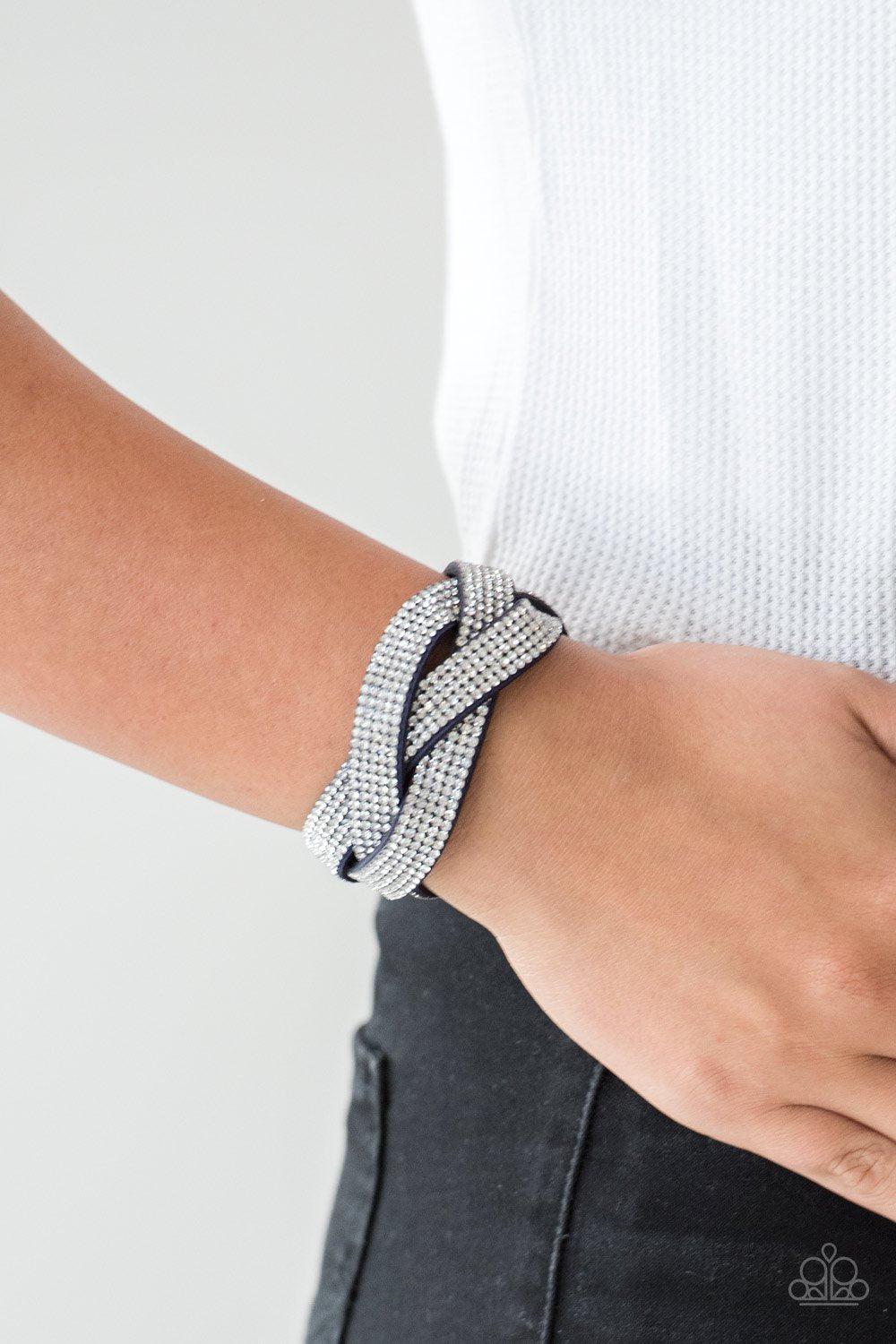 Nice Girls Finish Last Blue and White Braided Wrap Snap Bracelet - Paparazzi Accessories- on model - CarasShop.com - Paparazzi Jewelry by Cara Jewels