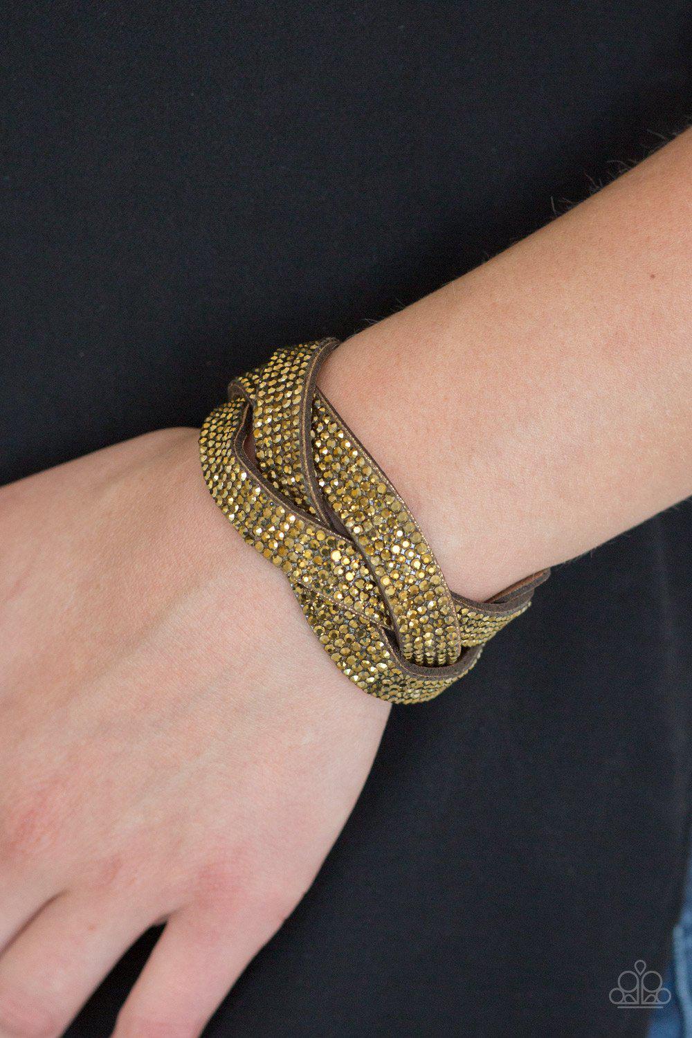 Nice Girls Finish Last Brass Urban Wrap Snap Bracelet - Paparazzi Accessories- on model - CarasShop.com - Paparazzi Jewelry by Cara Jewels
