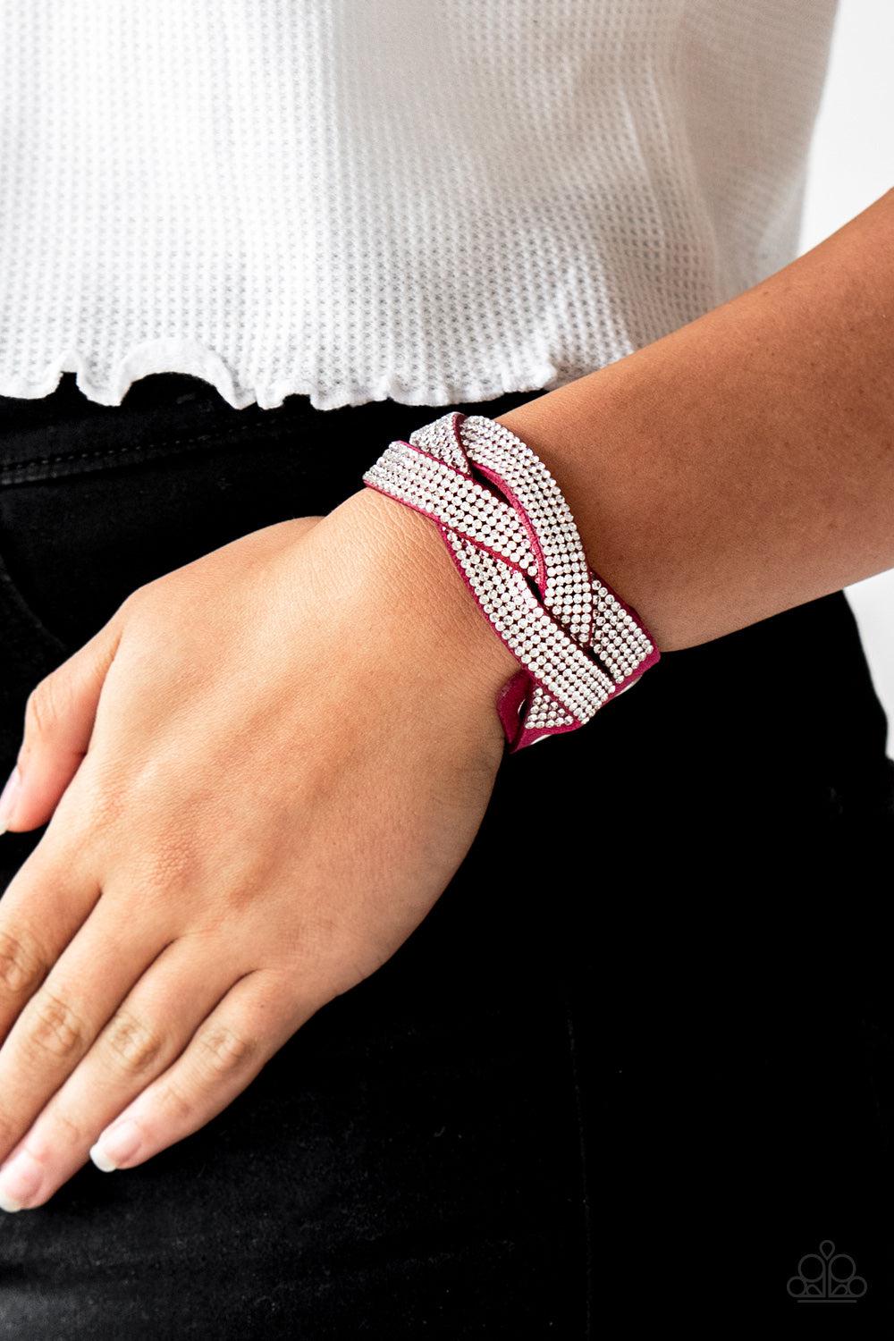 Nice Girls Finish Last Pink and White Braided Wrap Snap Bracelet - Paparazzi Accessories- lightbox - CarasShop.com - Paparazzi Jewelry by Cara Jewels