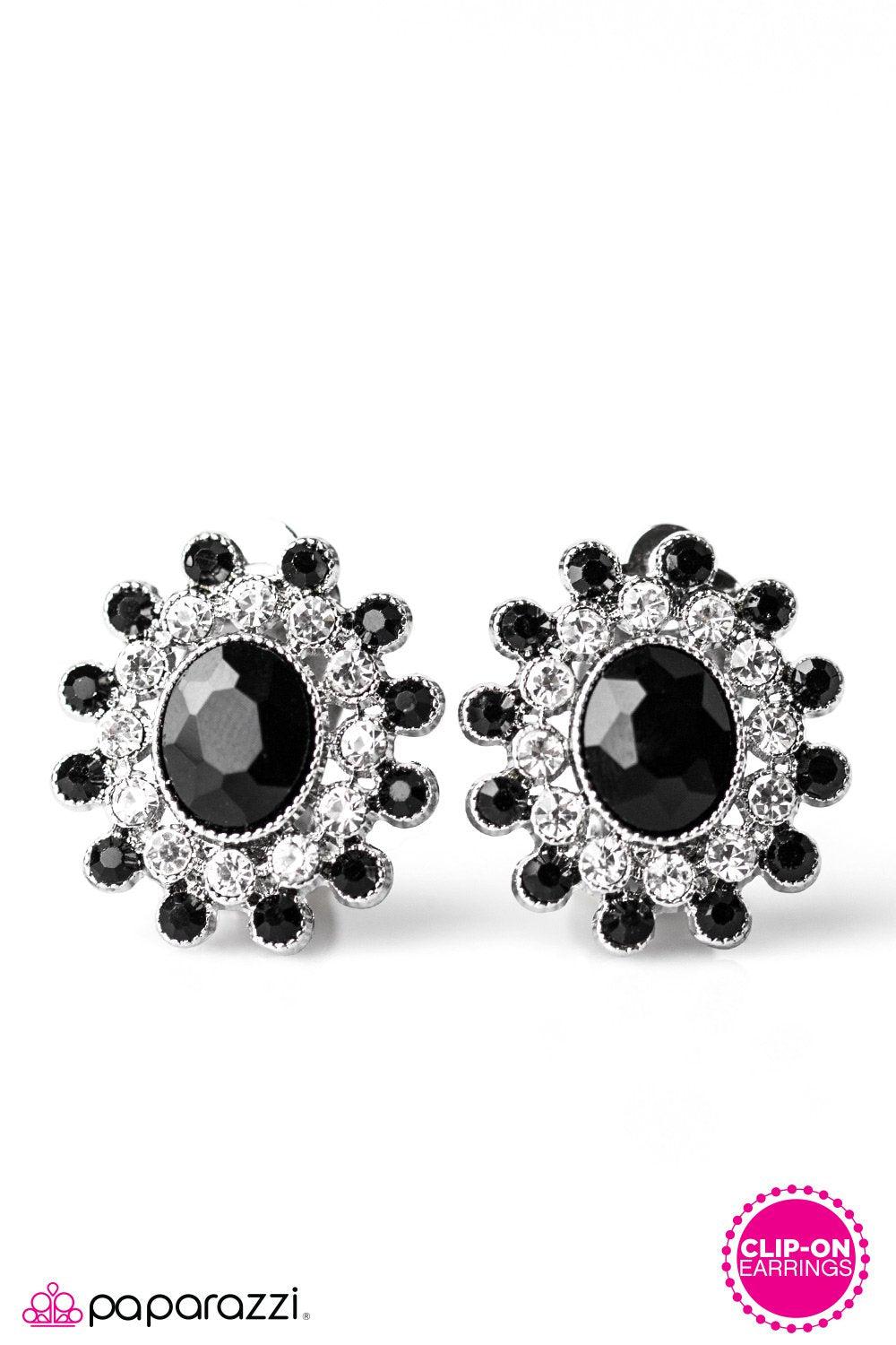 Night At The Grammys Black and White Rhinestone Clip-on Earrings - Paparazzi Accessories- lightbox - CarasShop.com - Paparazzi Jewelry by Cara Jewels