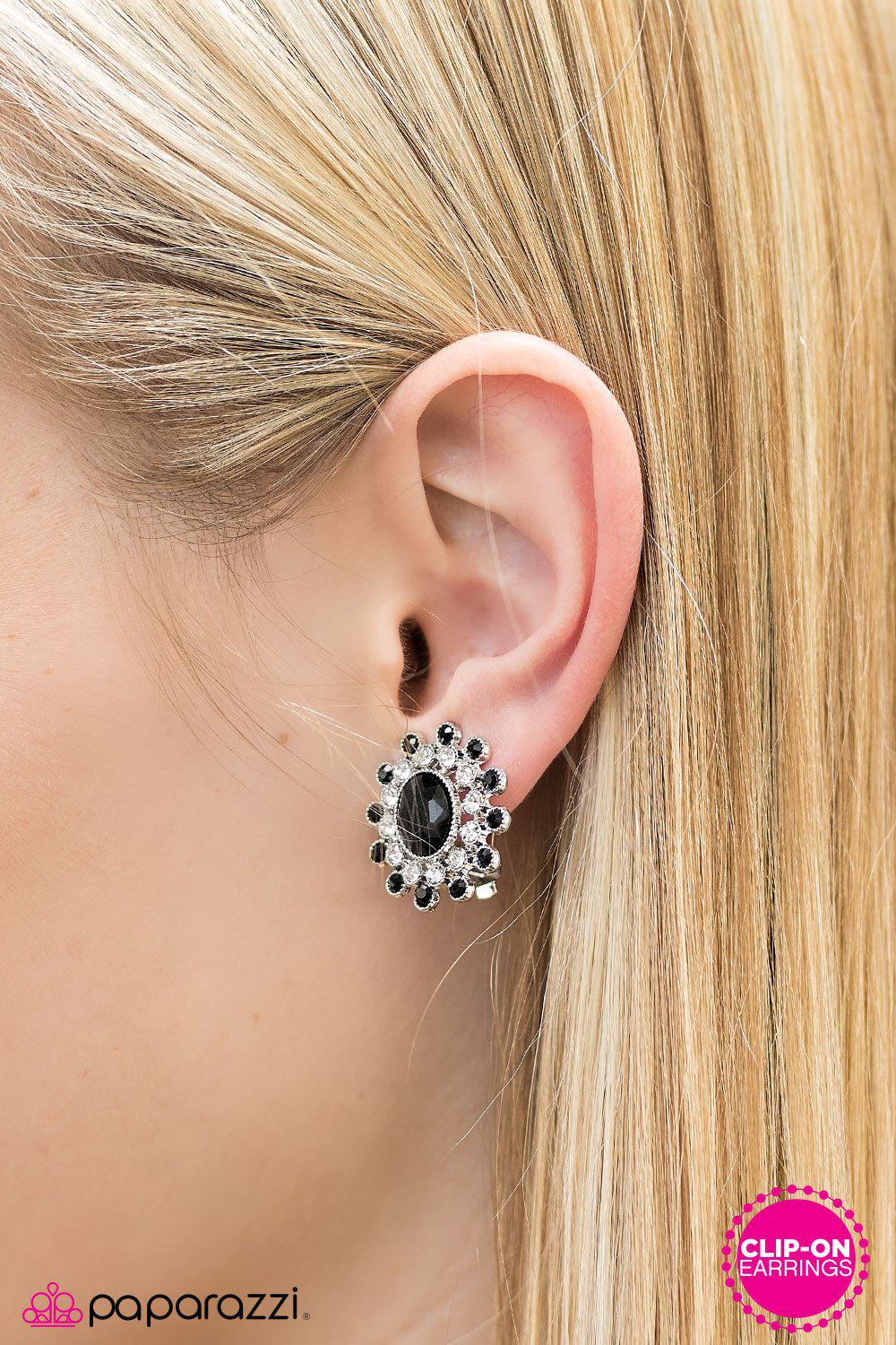 Night At The Grammys Black and White Rhinestone Clip-on Earrings - Paparazzi Accessories- on model - CarasShop.com - Paparazzi Jewelry by Cara Jewels