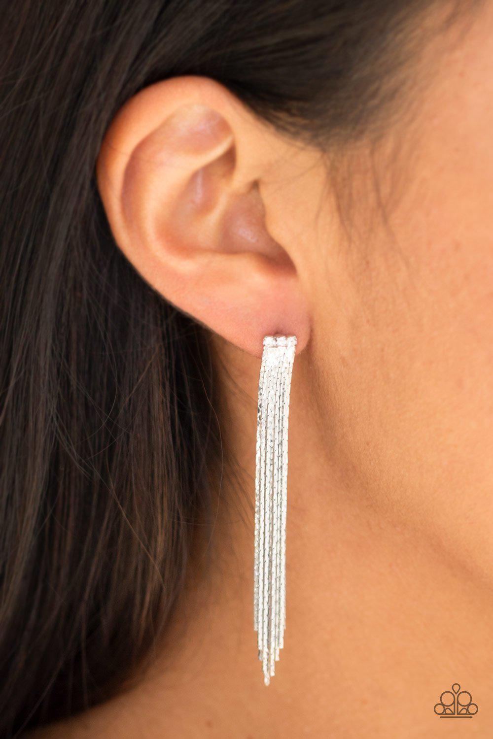 Night At The Oscars White and Silver Chain Earrings - Paparazzi Accessories- lightbox - CarasShop.com - Paparazzi Jewelry by Cara Jewels