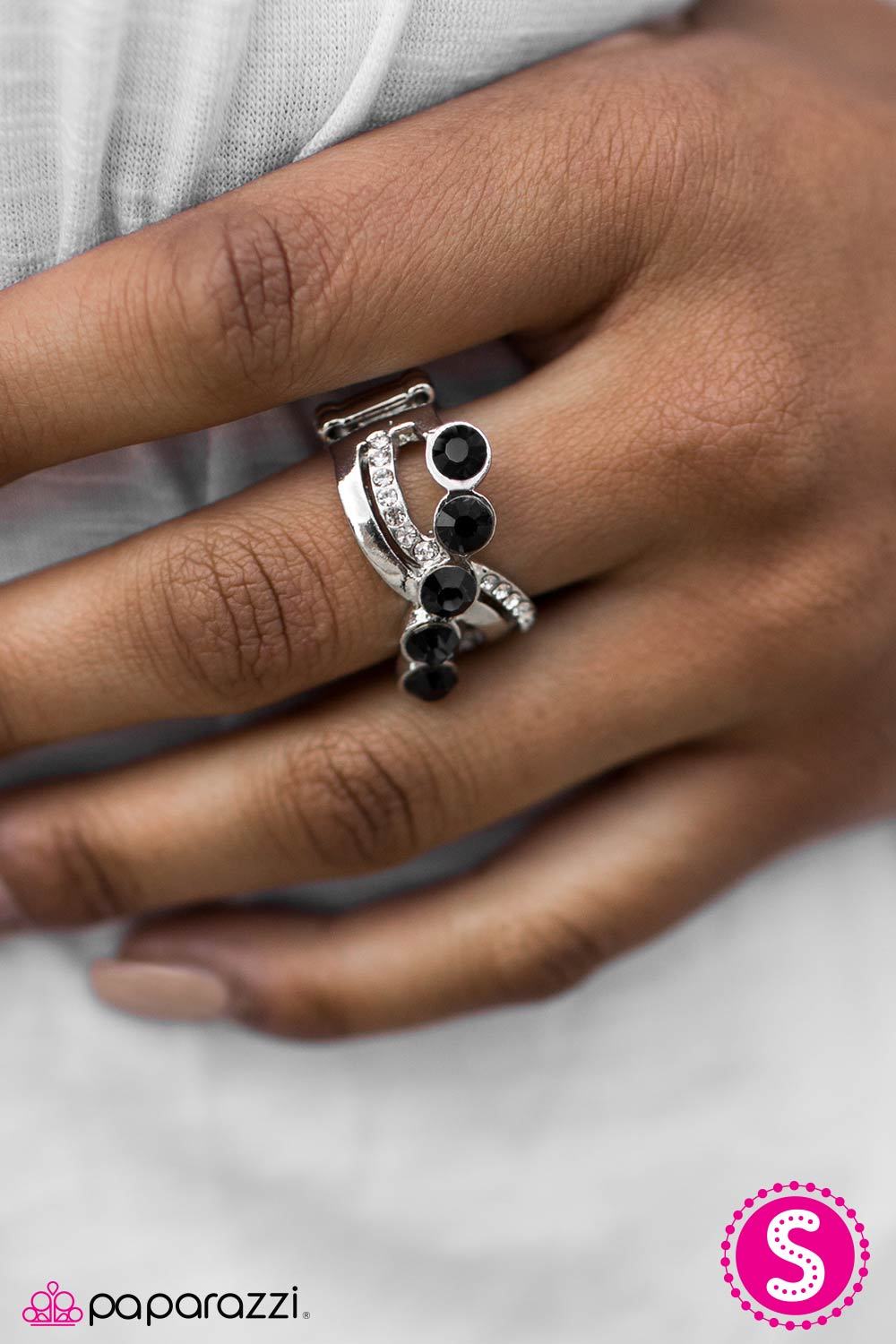 Nighttime Radiance Silver and Black Ring - Paparazzi Accessories- lightbox - CarasShop.com - Paparazzi Jewelry by Cara Jewels