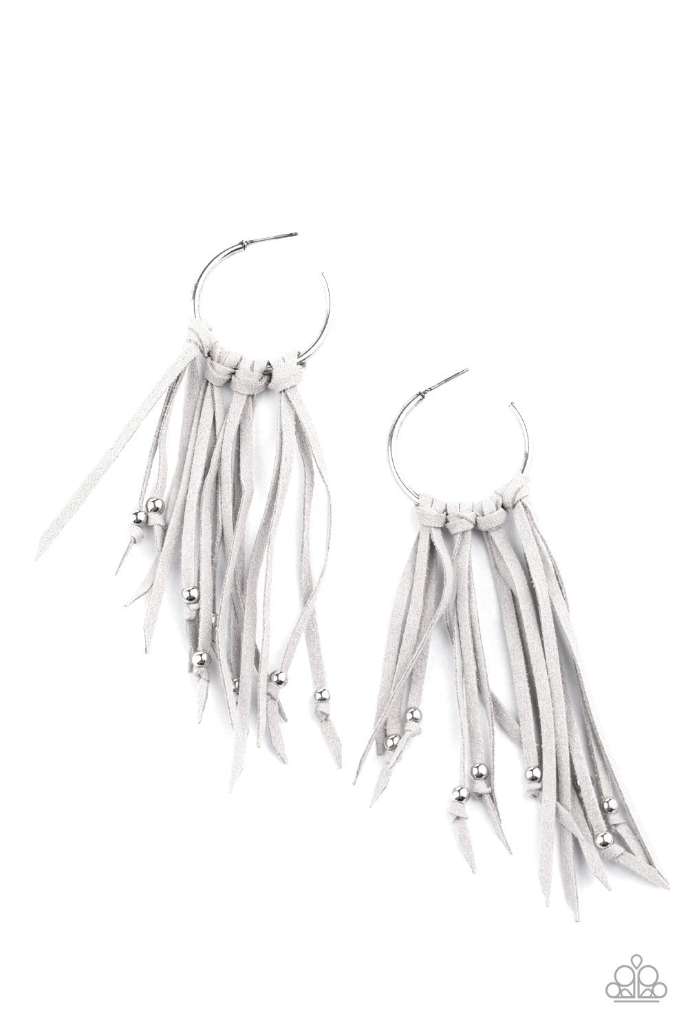 No Place Like HOMESPUN Silver Suede Tassel Hoop Earrings - Paparazzi Accessories- lightbox - CarasShop.com - Paparazzi Jewelry by Cara Jewels