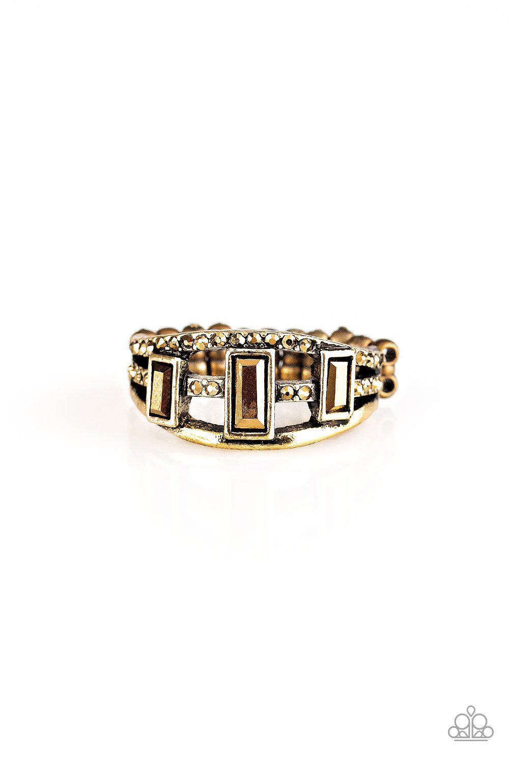 Noble Nova Brass Aurum Rhinestone Ring - Paparazzi Accessories- lightbox - CarasShop.com - Paparazzi Jewelry by Cara Jewels