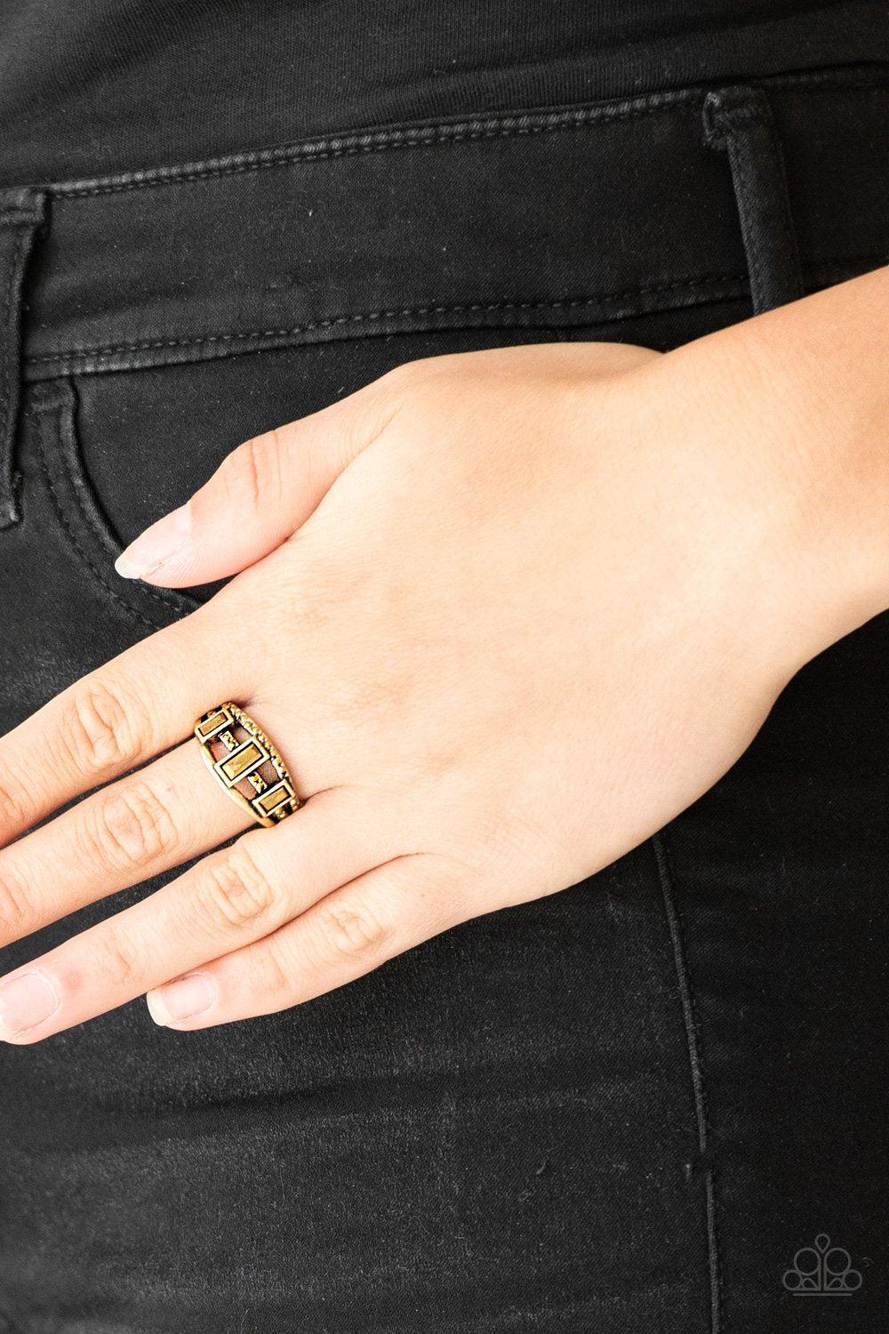 Noble Nova Brass Aurum Rhinestone Ring - Paparazzi Accessories- on model - CarasShop.com - Paparazzi Jewelry by Cara Jewels