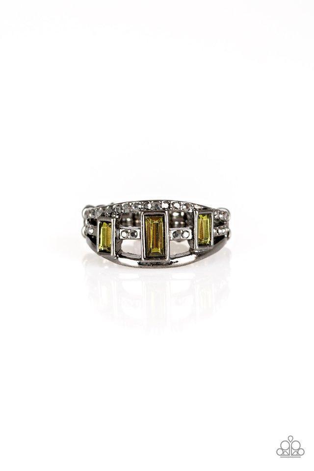 Noble Nova Green Rhinestone and Gunmetal Ring - Paparazzi Accessories- lightbox - CarasShop.com - Paparazzi Jewelry by Cara Jewels