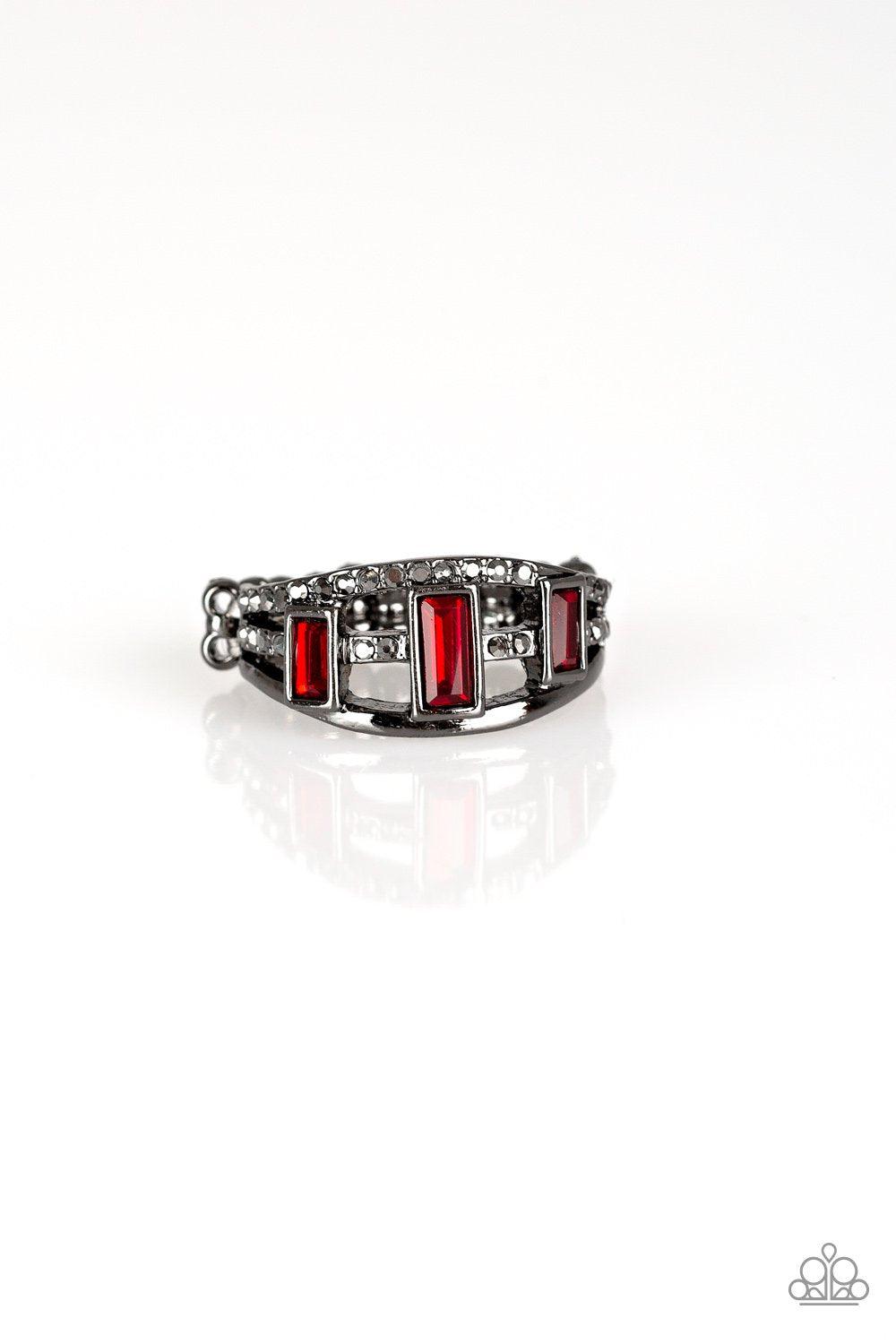 Noble Nova Red and Hematite Rhinestone Ring - Paparazzi Accessories- lightbox - CarasShop.com - Paparazzi Jewelry by Cara Jewels