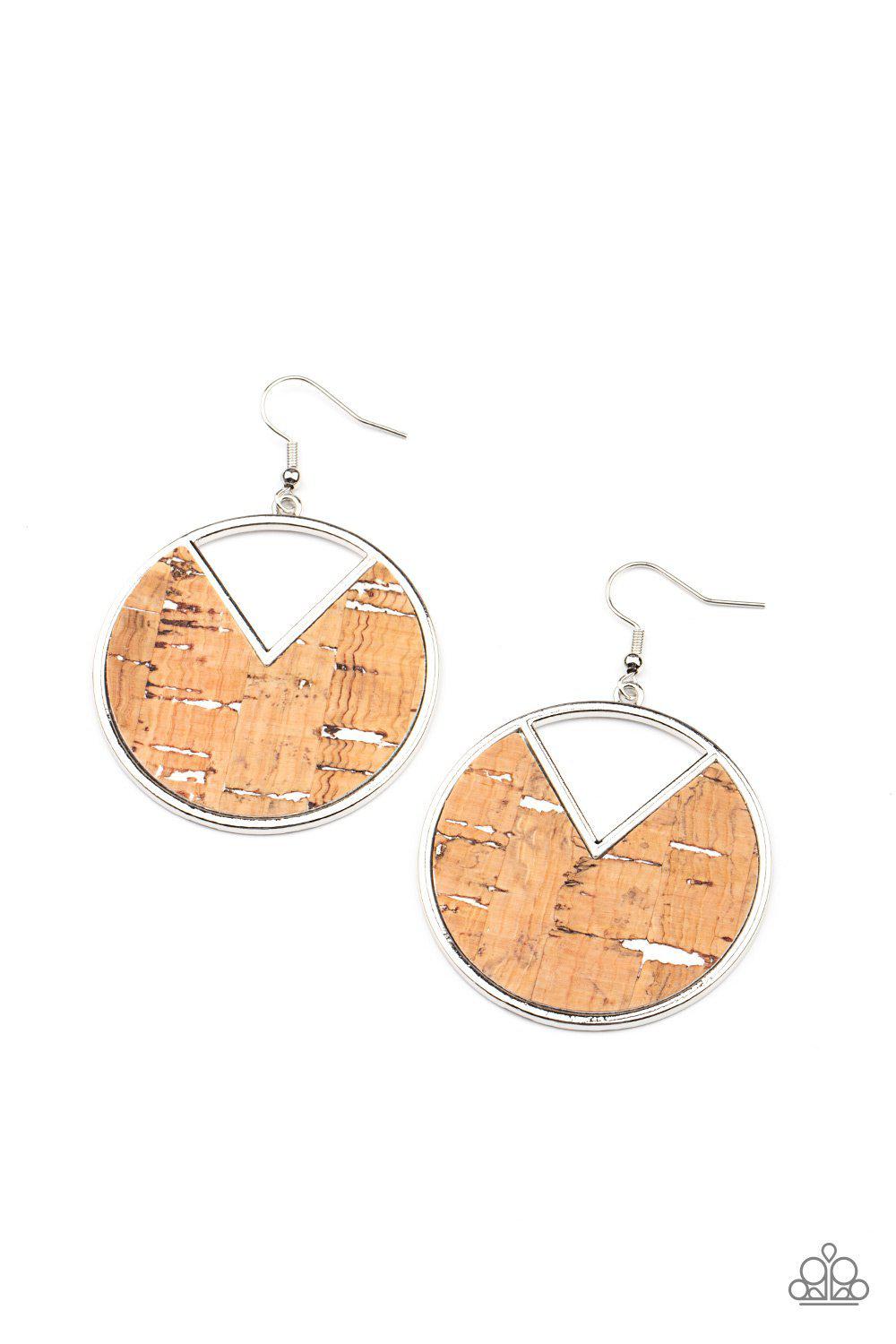 Nod to Nature White and Cork Earrings - Paparazzi Accessories- lightbox - CarasShop.com - Paparazzi Jewelry by Cara Jewels
