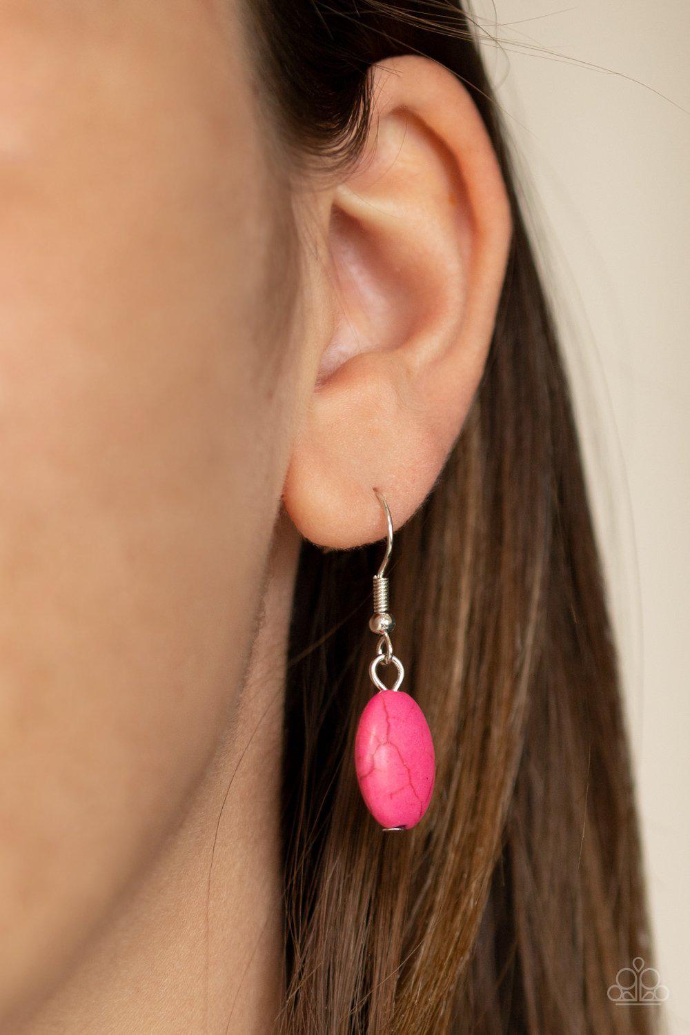 Nomadic Dramatics Pink Stone and Silver Tassel Necklace - Paparazzi Accessories - free matching earrings -CarasShop.com - Paparazzi Jewelry by Cara Jewels