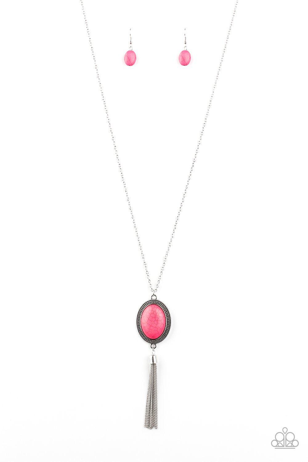 Nomadic Dramatics Pink Stone and Silver Tassel Necklace - Paparazzi Accessories- lightbox - CarasShop.com - Paparazzi Jewelry by Cara Jewels