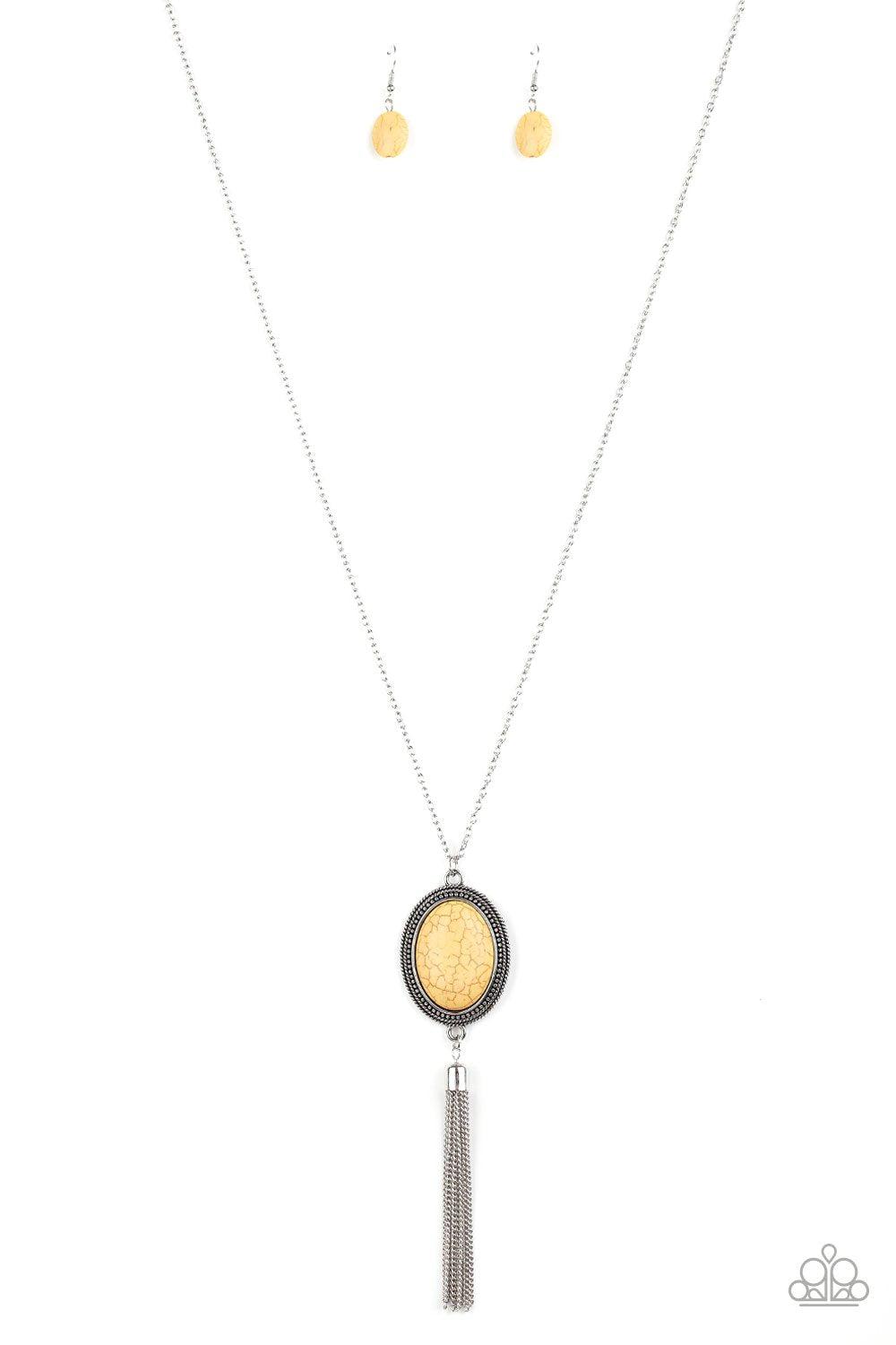 Nomadic Dramatics Yellow Stone and Silver Necklace - Paparazzi Accessories- on model - CarasShop.com - Paparazzi Jewelry by Cara Jewels