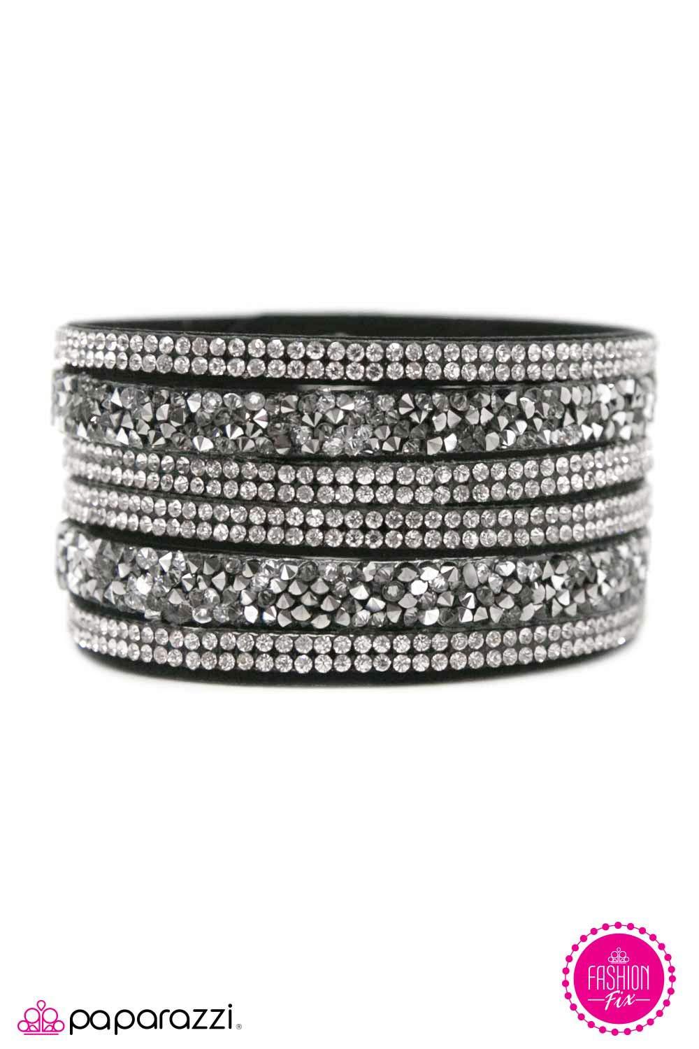 Not Ready To Make Nice Black and White Rhinestone Wrap Snap Bracelet - Paparazzi Accessories- on model - CarasShop.com - Paparazzi Jewelry by Cara Jewels
