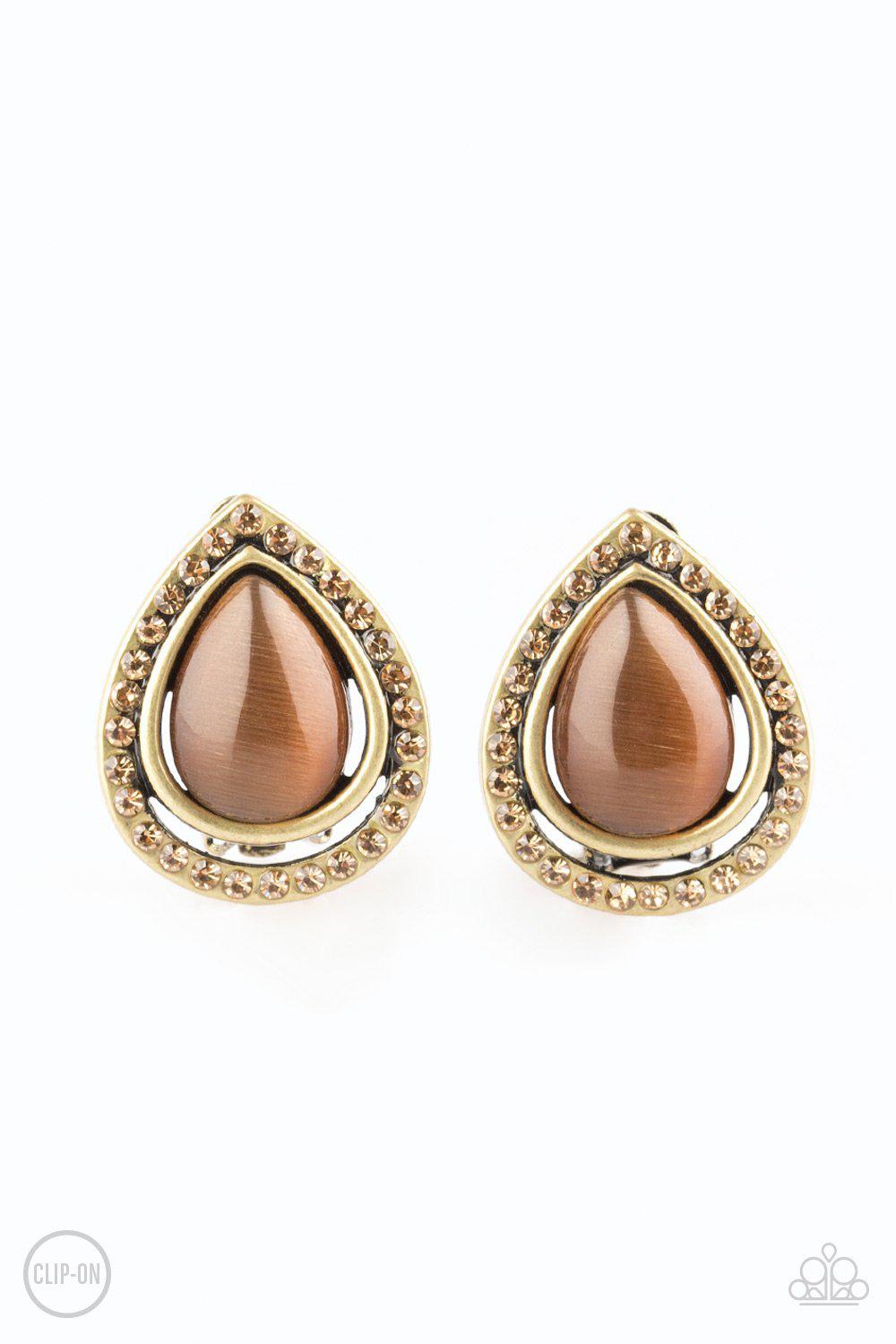 Noteworthy Shimmer Brass and Brown Moonstone Clip-on Earrings Paparazzi Accessories