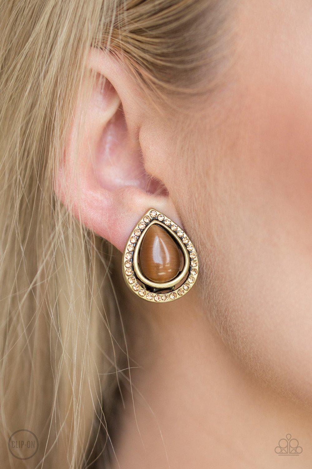 Noteworthy Shimmer Brass and Brown Moonstone Clip-on Earrings - Paparazzi Accessories- lightbox - CarasShop.com - Paparazzi Jewelry by Cara Jewels