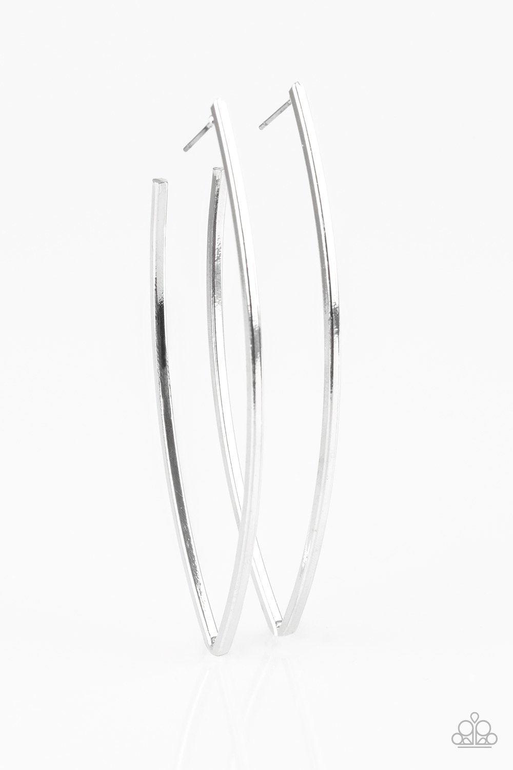 Nothing But Trouble Silver Pointed Hoop Earrings - Paparazzi Accessories- on model - CarasShop.com - Paparazzi Jewelry by Cara Jewels