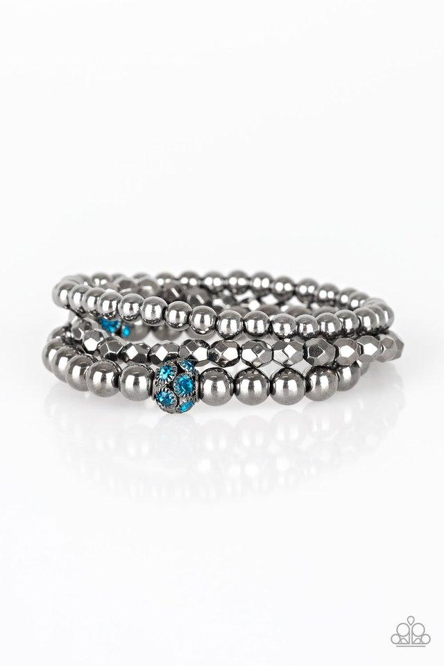 Noticeably Noir Blue Rhinestone and Gunmetal Bracelet Set - Paparazzi Accessories- lightbox - CarasShop.com - Paparazzi Jewelry by Cara Jewels