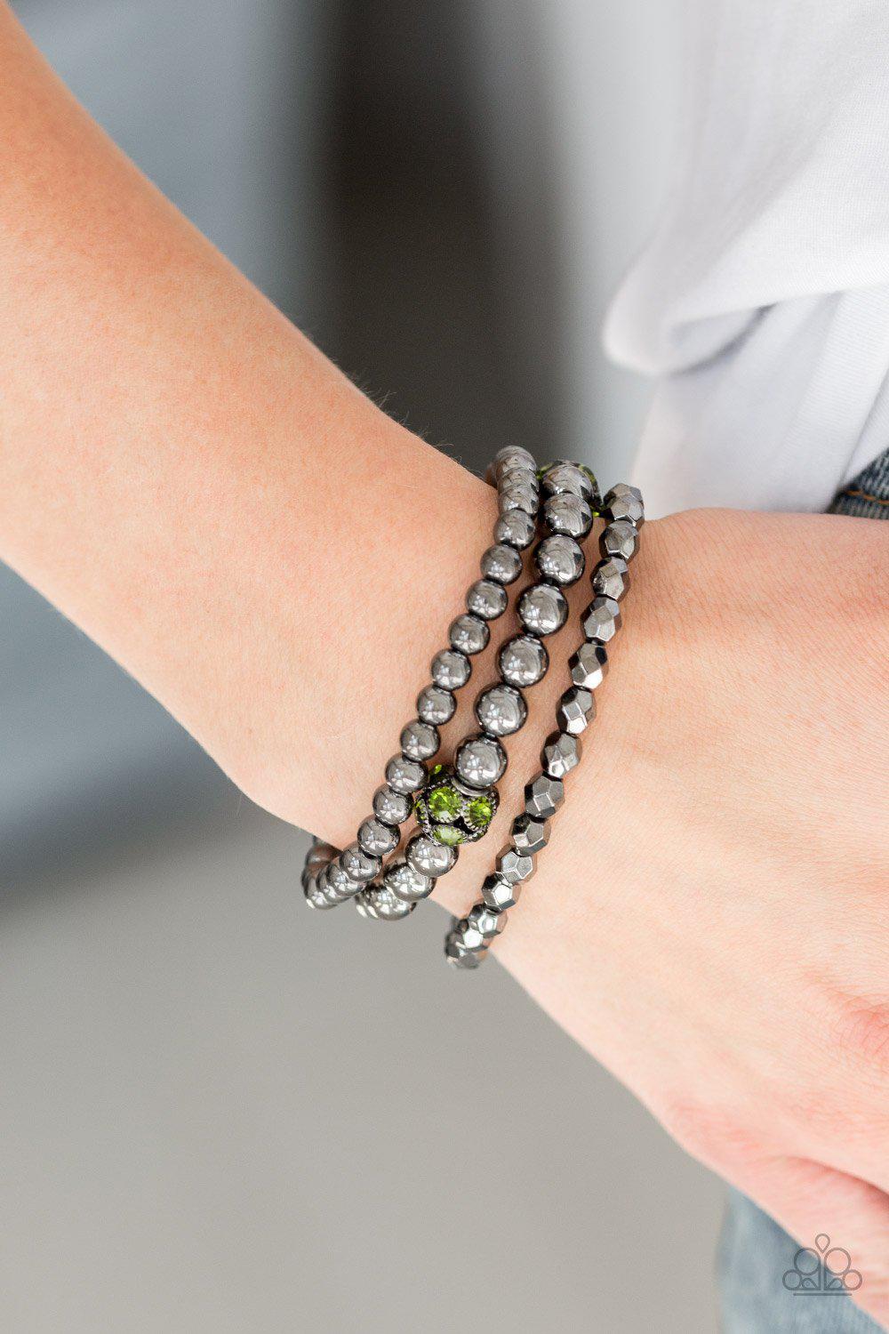 Noticeably Noir Green Rhinestone and Gunmetal Bracelet Set - Paparazzi Accessories- lightbox - CarasShop.com - Paparazzi Jewelry by Cara Jewels