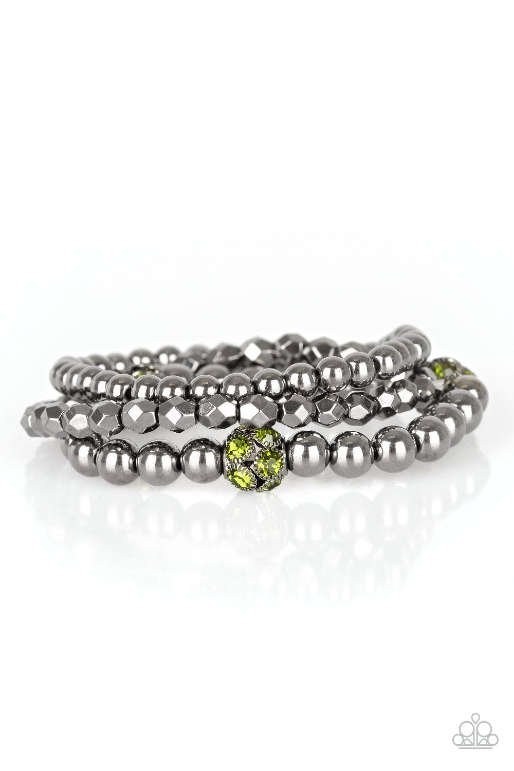Noticeably Noir Green Rhinestone and Gunmetal Bracelet Set - Paparazzi Accessories- on model - CarasShop.com - Paparazzi Jewelry by Cara Jewels