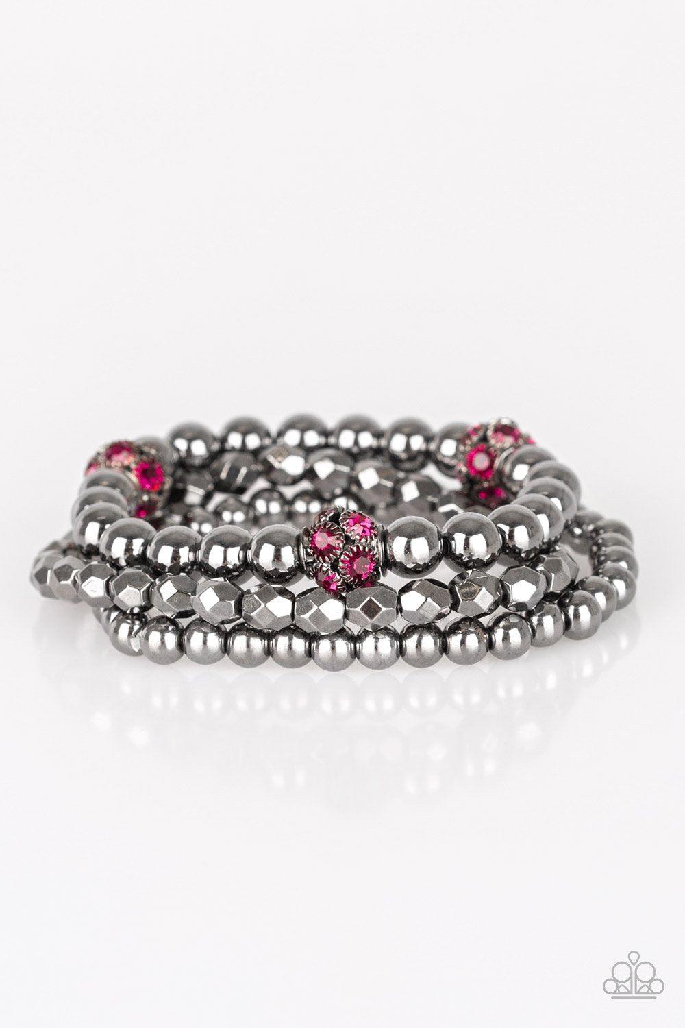 Noticeably Noir Pink Rhinestone and Gunmetal Bracelet Set - Paparazzi Accessories- lightbox - CarasShop.com - Paparazzi Jewelry by Cara Jewels