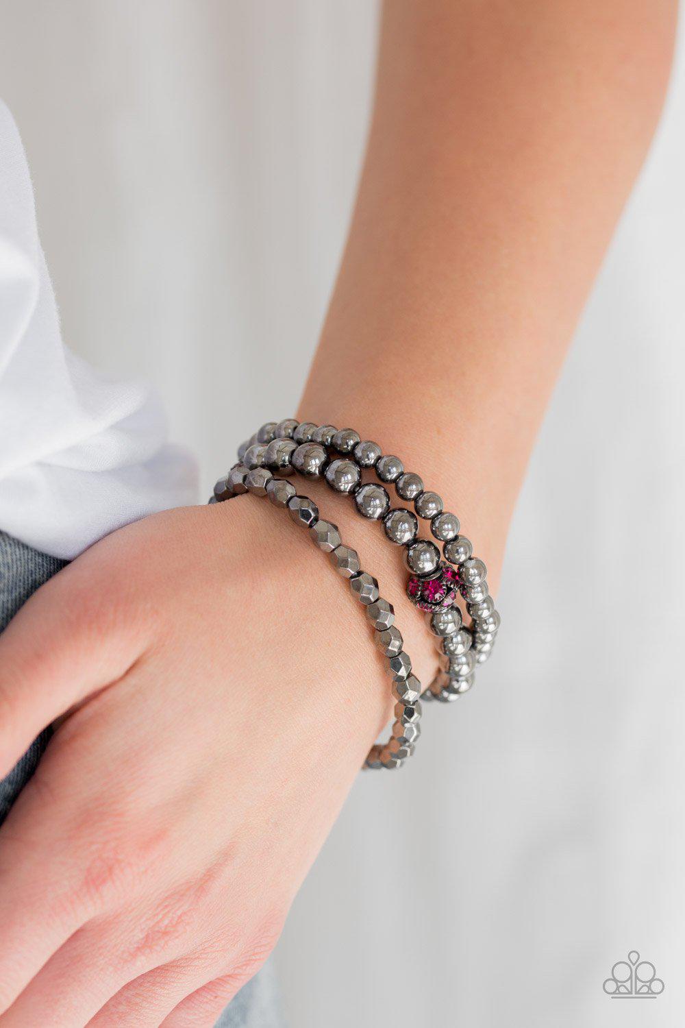 Noticeably Noir Pink Rhinestone and Gunmetal Bracelet Set - Paparazzi Accessories- lightbox - CarasShop.com - Paparazzi Jewelry by Cara Jewels