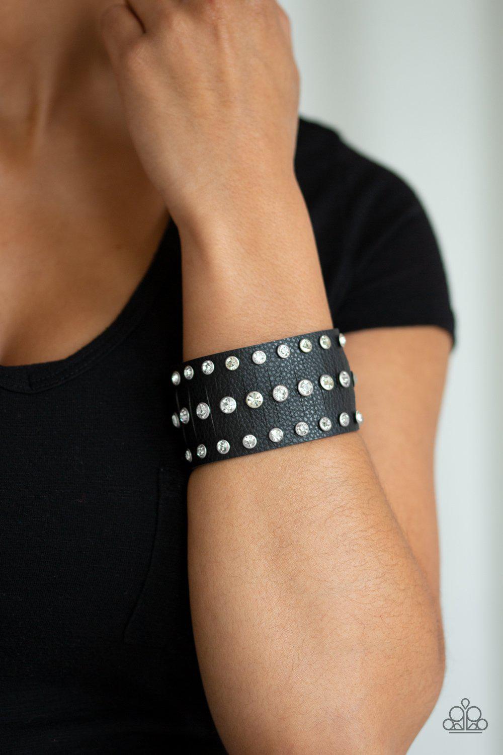 Now Taking The Stage Black Leather and White Rhinestone Urban Wrap Snap Bracelet - Paparazzi Accessories- lightbox - CarasShop.com - Paparazzi Jewelry by Cara Jewels