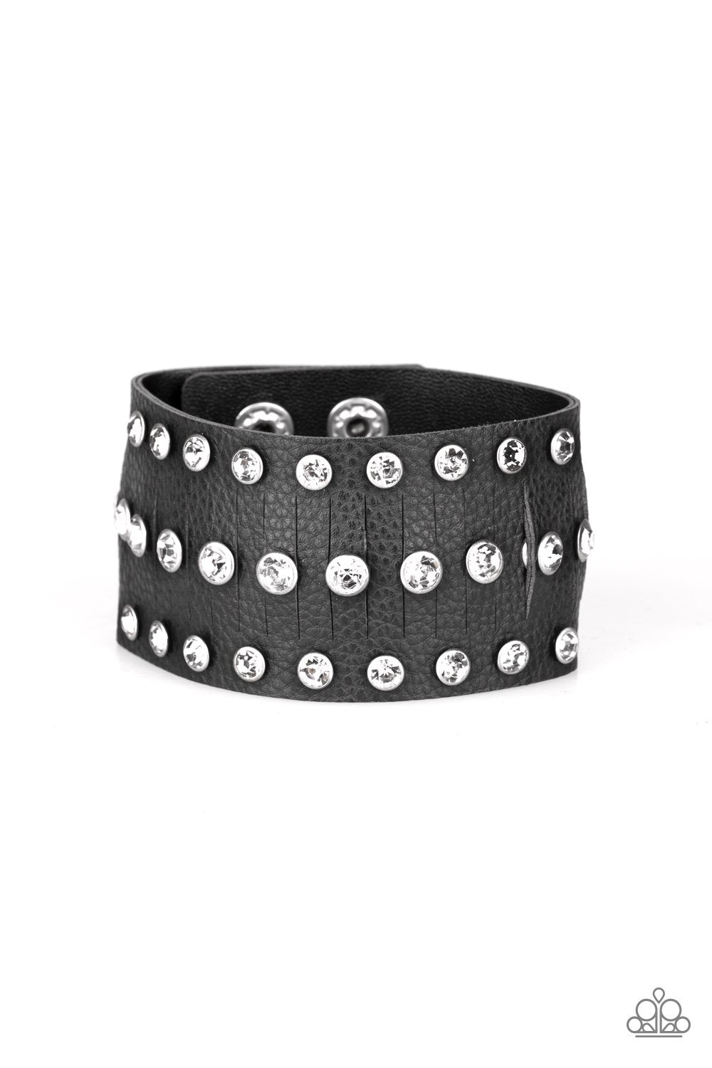 Now Taking The Stage Black Leather and White Rhinestone Urban Wrap Snap Bracelet - Paparazzi Accessories- on model - CarasShop.com - Paparazzi Jewelry by Cara Jewels