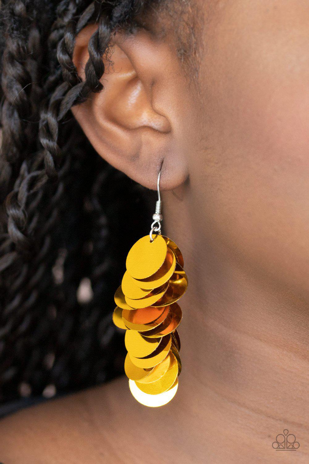 Now You SEQUIN It Gold Earrings - Paparazzi Accessories- on model - CarasShop.com - Paparazzi Jewelry by Cara Jewels